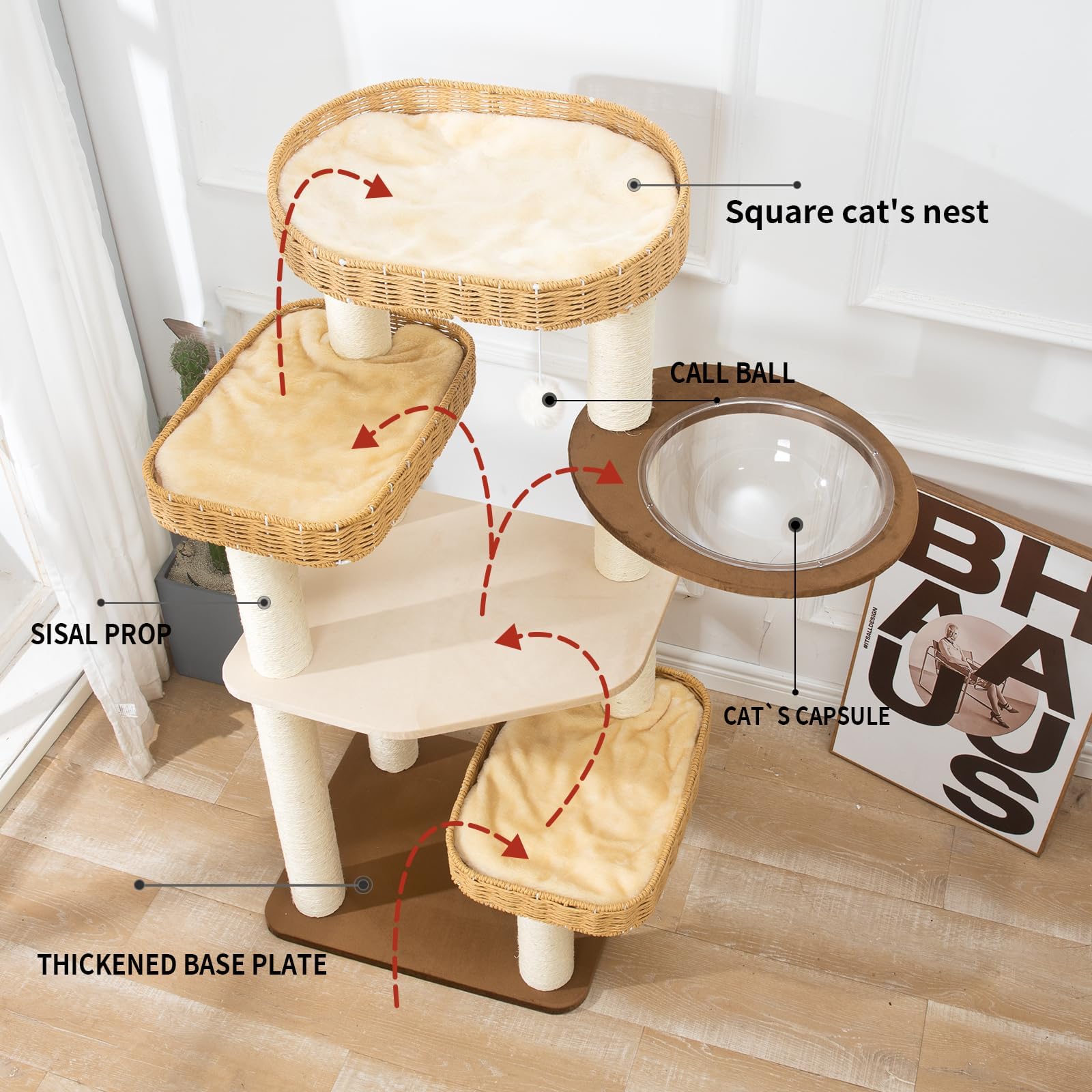 SHODMI modern cat tree tower wide-base design boosts stability during climbing.