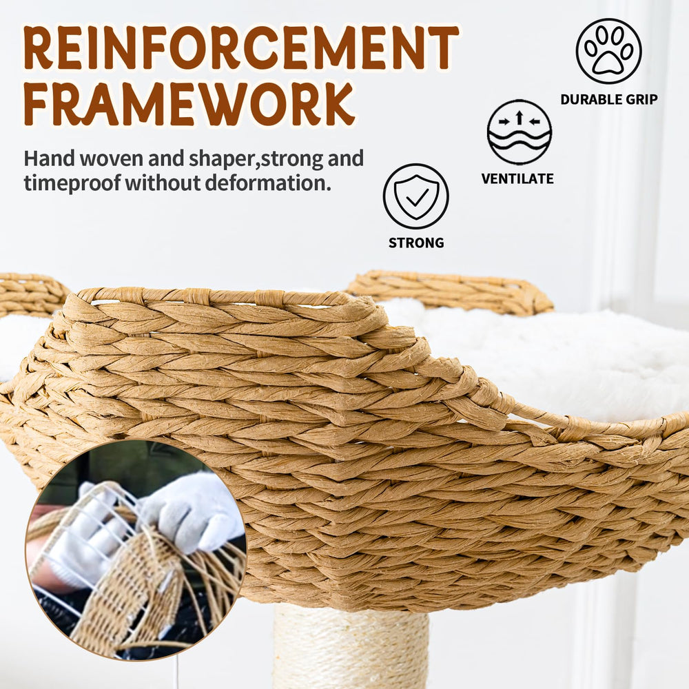 SHODMI natural oak cat tree with handwoven sisal posts for durable scratching.