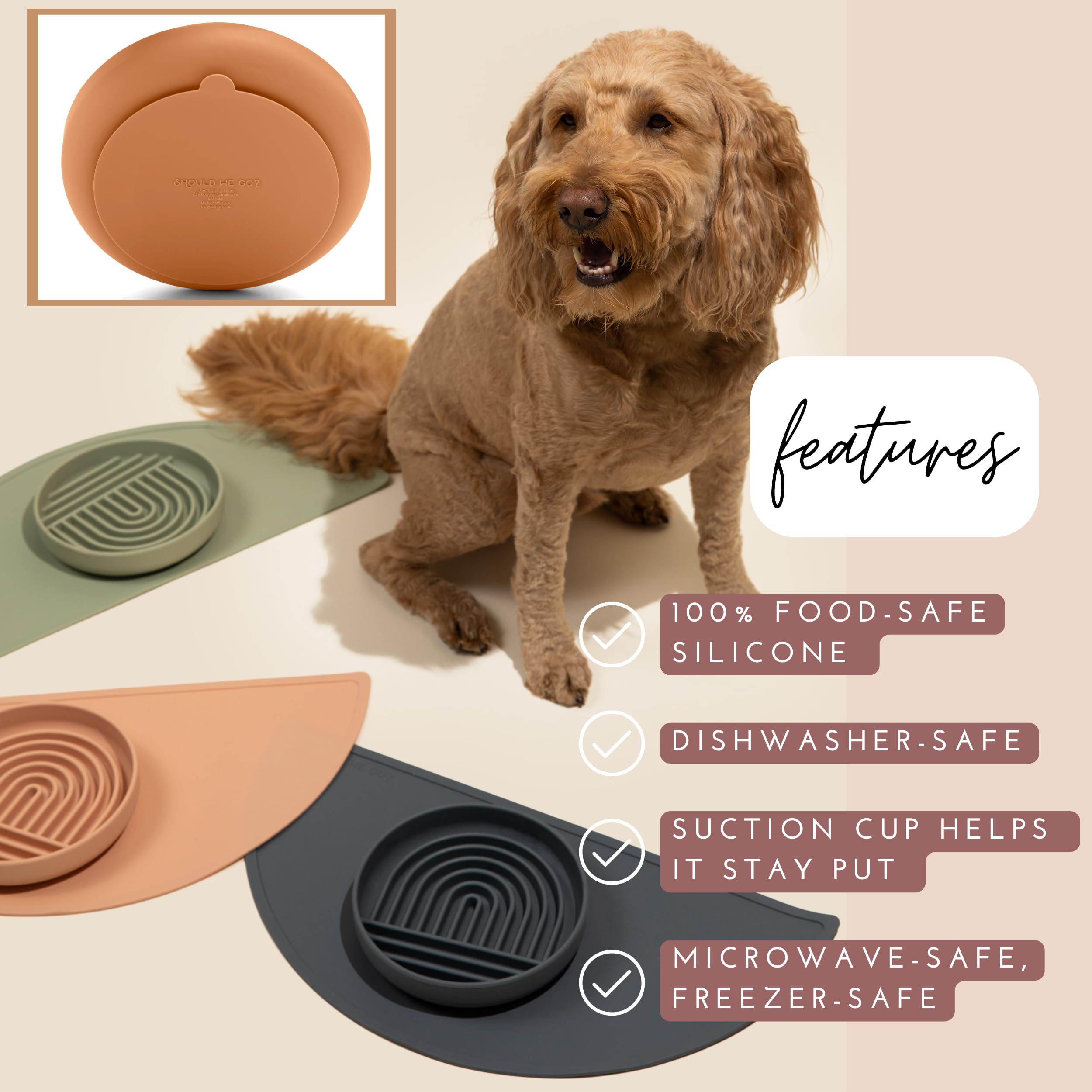 Should We Go? Slowdown Bowl lick mat demonstrates treat-spread for calm distraction.