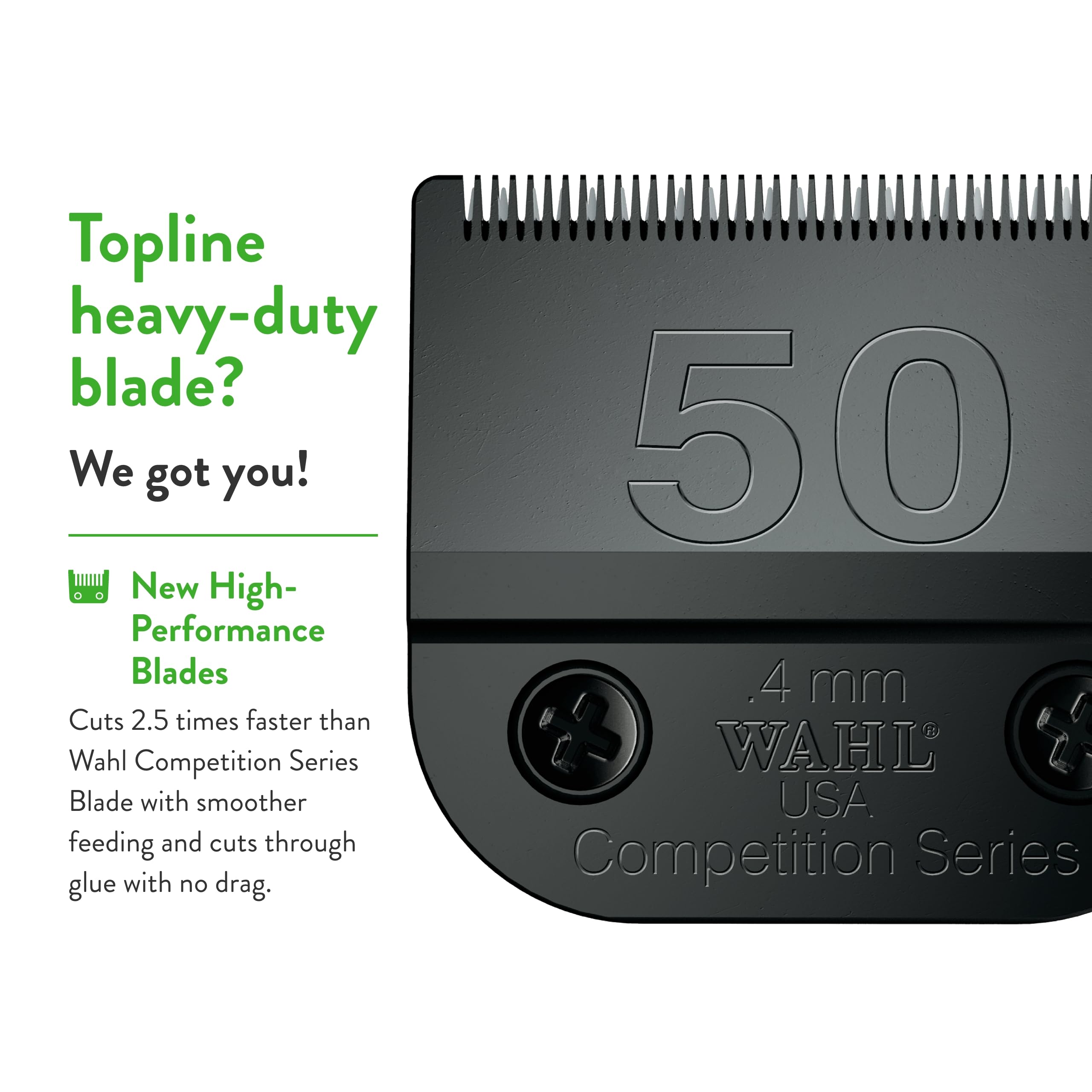 Show-ready clipping scene with 50 blade showing complete shave-down suitability.