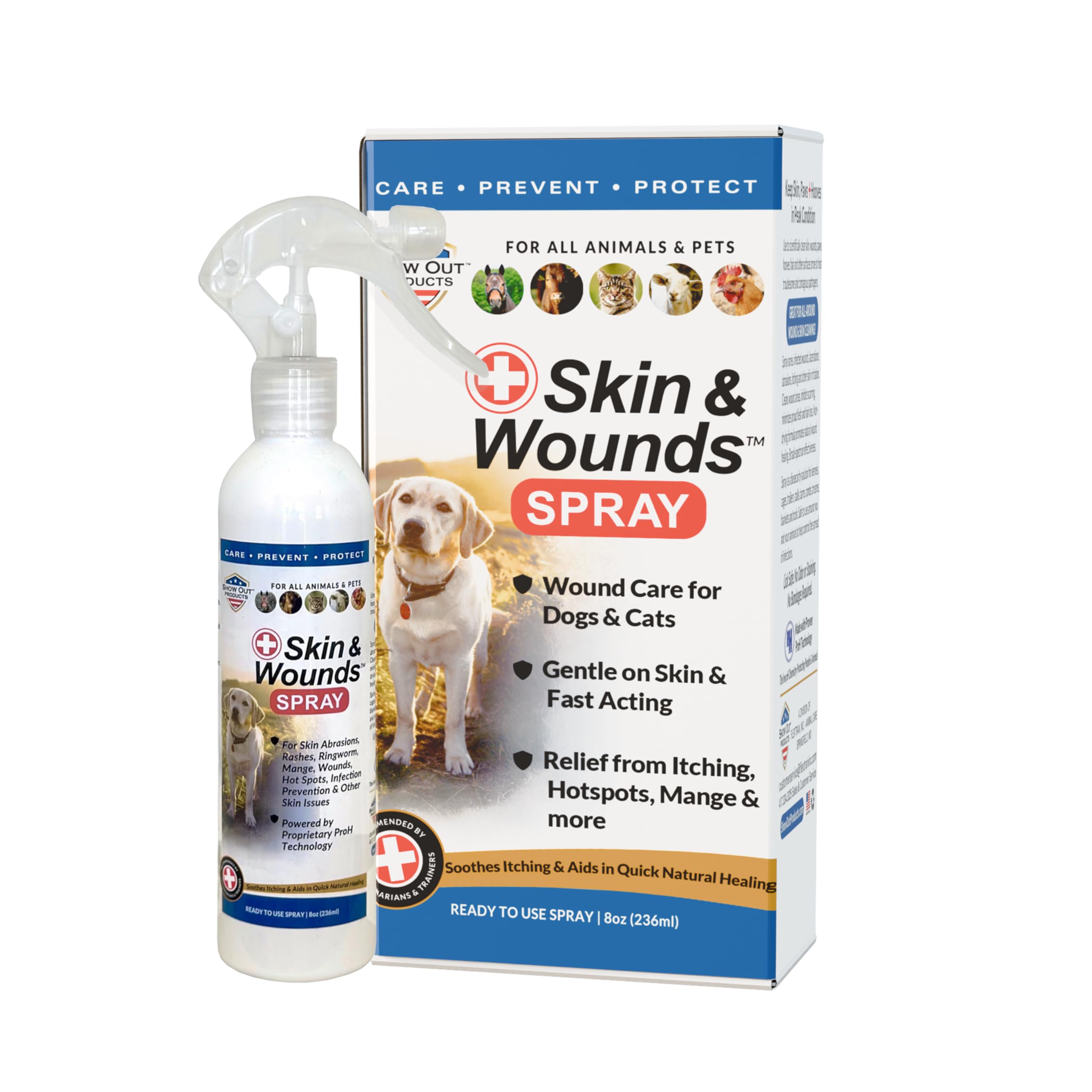 Show Out Skin & Wounds spray bottle provides targeted relief for dogs