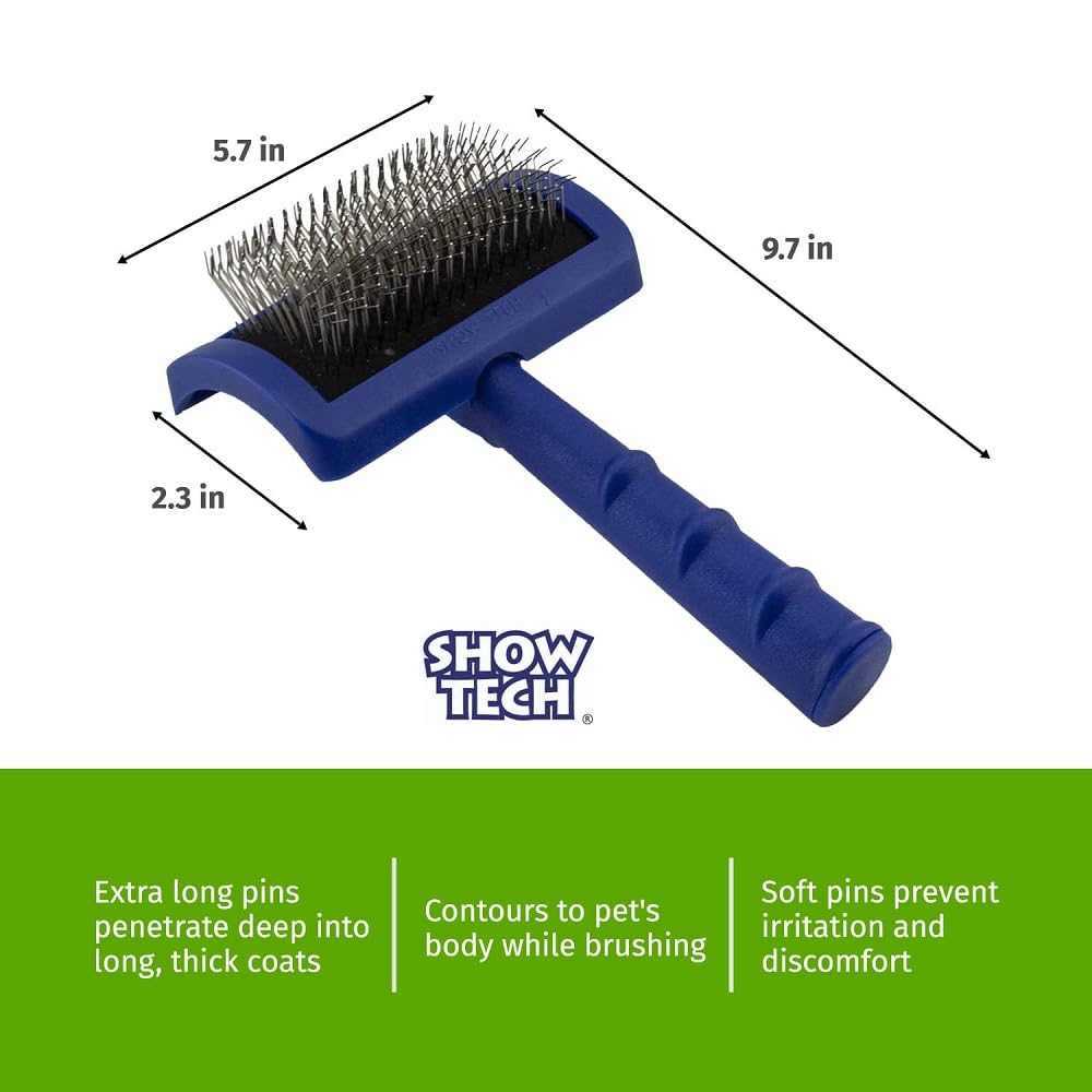 Show Tech Tuffer Than Tangles Slicker Brush angled-pins detail illustrates dematting on curly coats