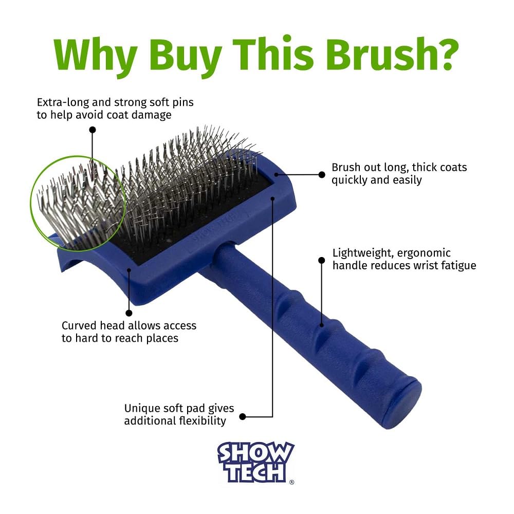 Show Tech Tuffer Than Tangles Slicker Brush pins closeup shows long, firm pins for detangling
