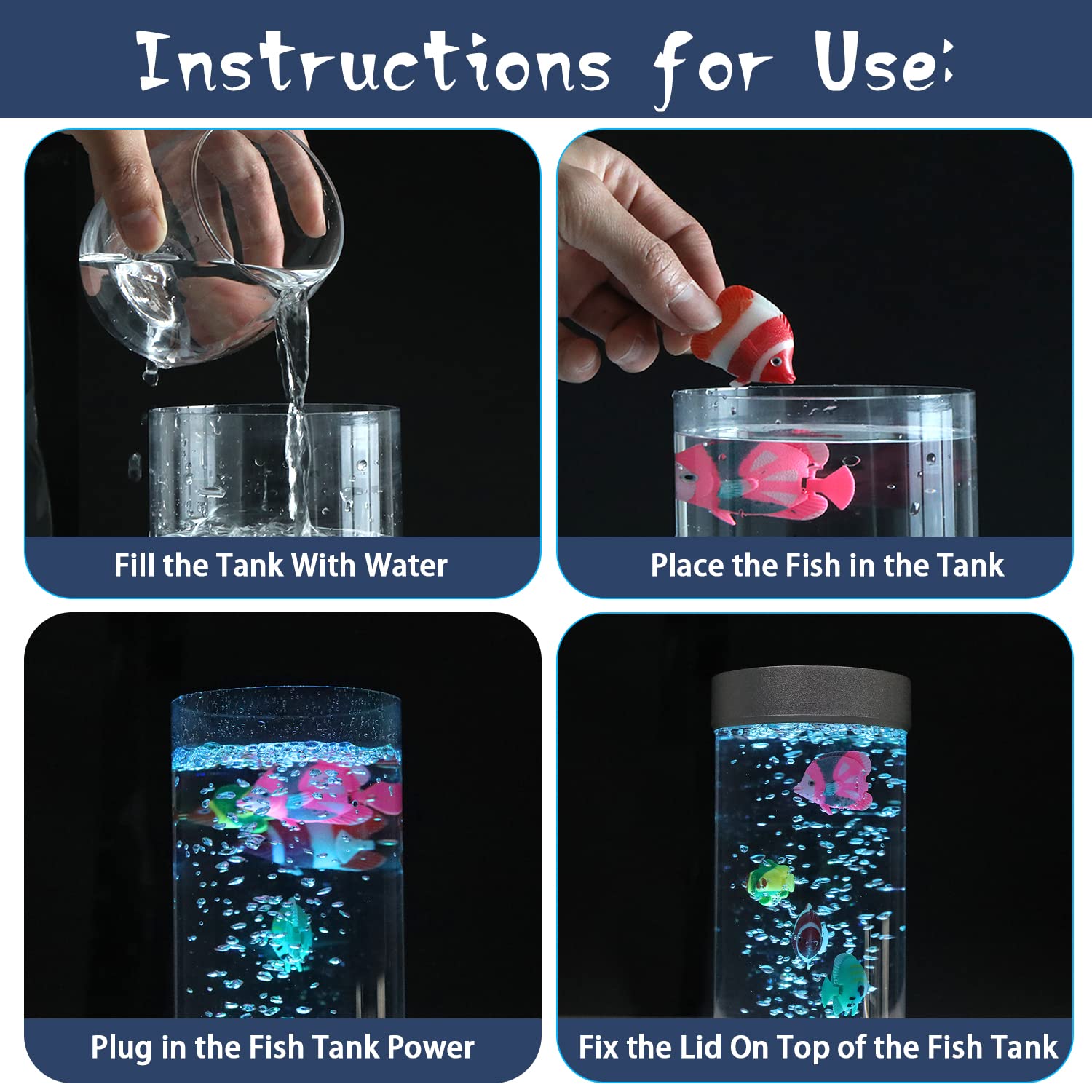 SHTALHST Fake Fish Tank Relaxation image suggests stress-relieving ambience and easy setup