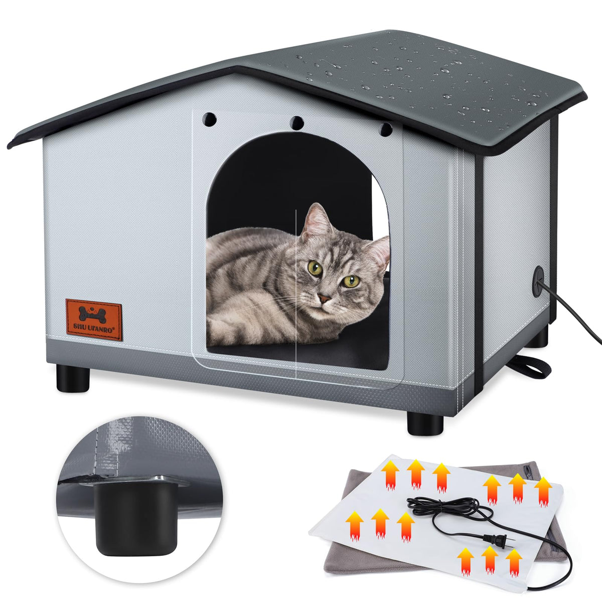 SHU UFANRO heated cat house with waterproof roof provides reliable shelter in rain.