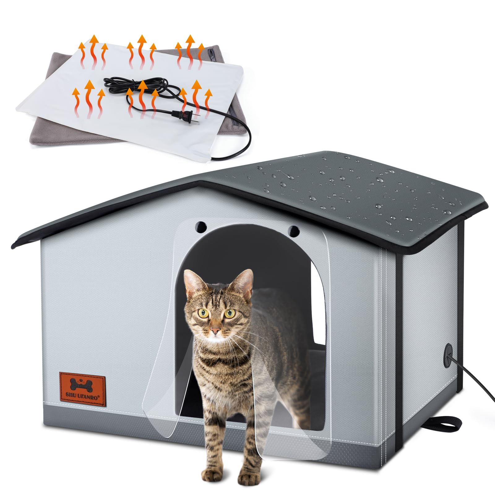 SHU UFANRO insulated heated cat house with waterproof roof keeps rain out and pets cozy