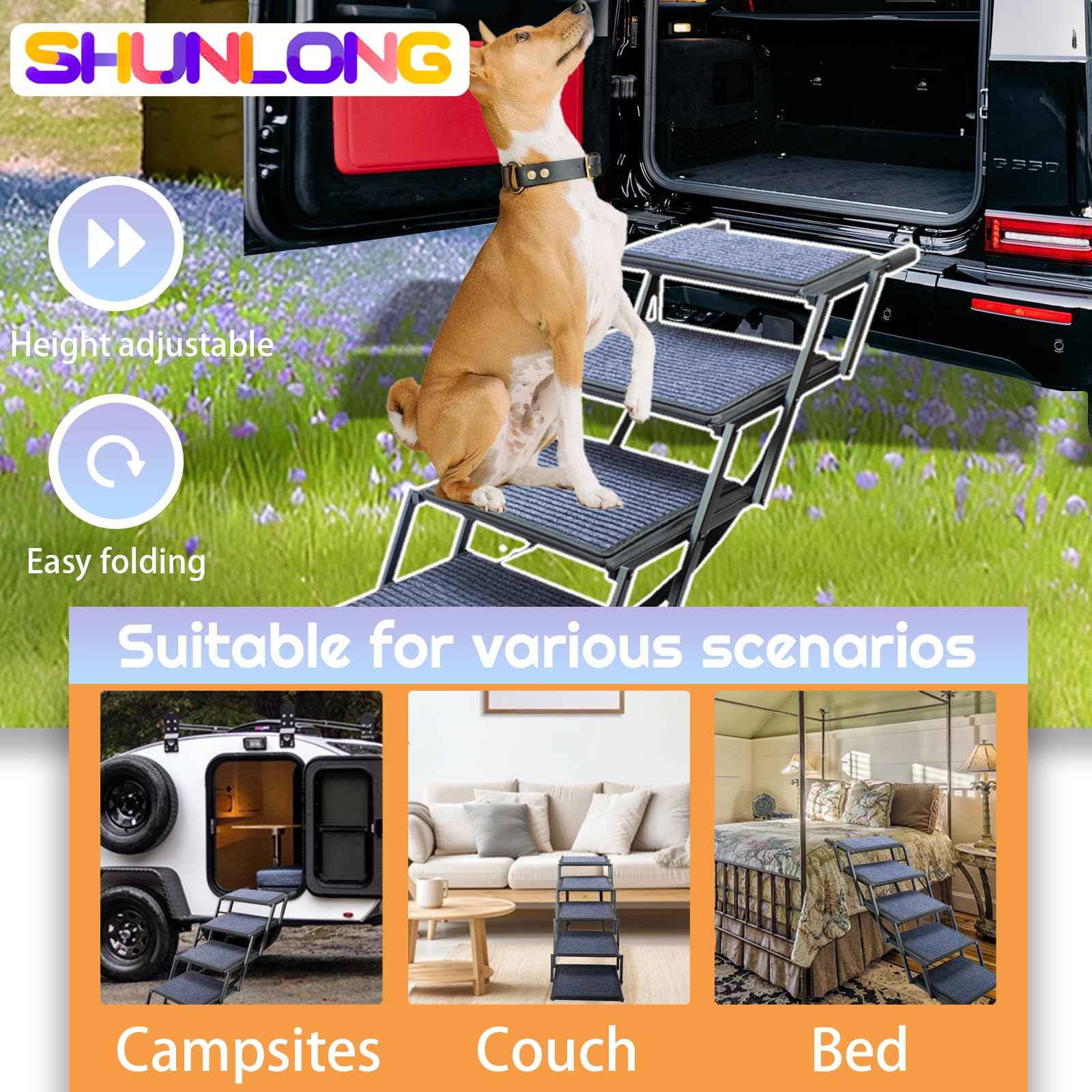 SHUNLONG dog ramp supports up to 250 pounds for large dogs.