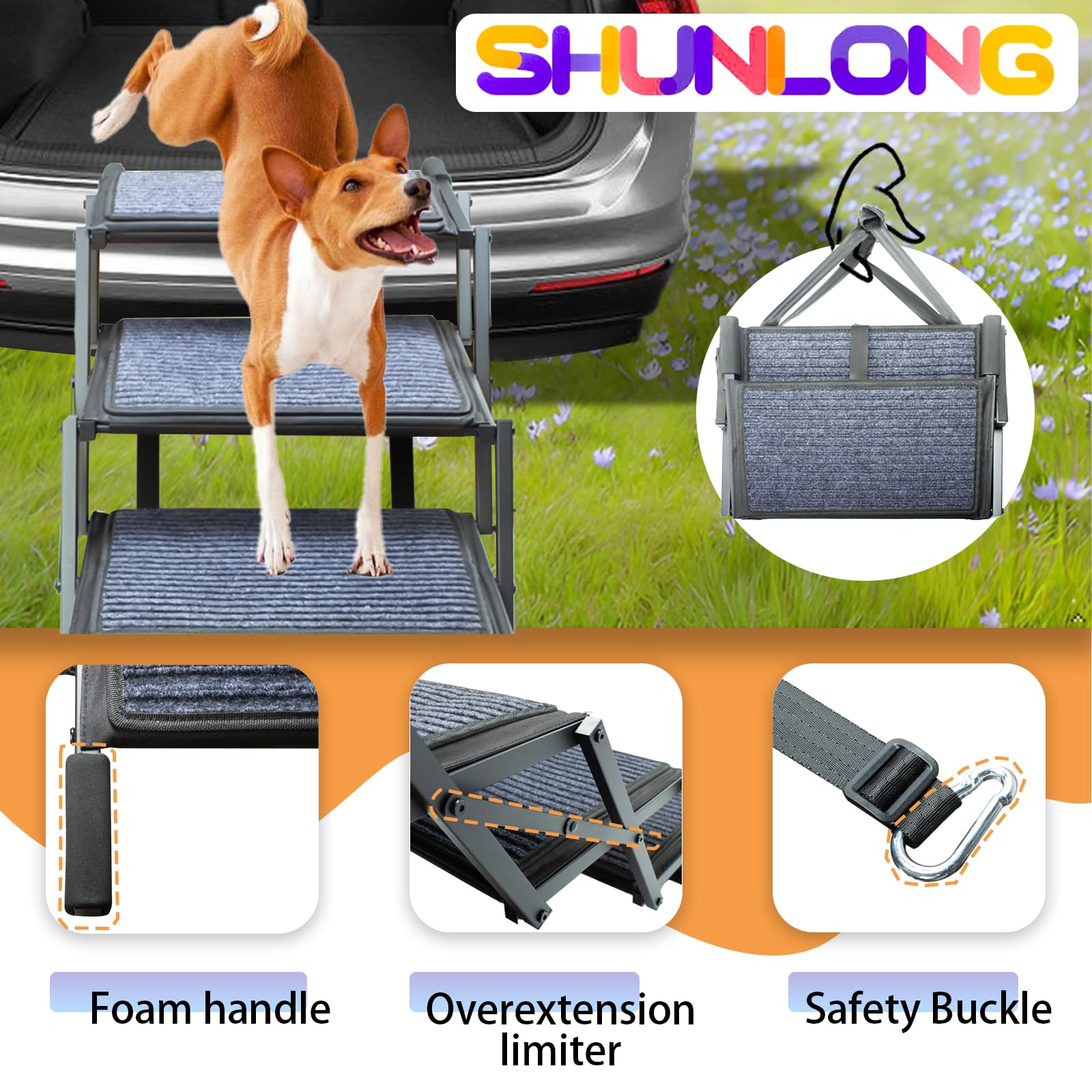 SHUNLONG dog stairs anti-slip rug surface provides secure footing in wet conditions
