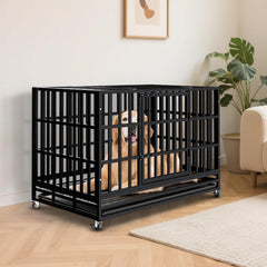 SHUSHIM XL dog crate shown indoors and outdoors with rust-resistant coating.