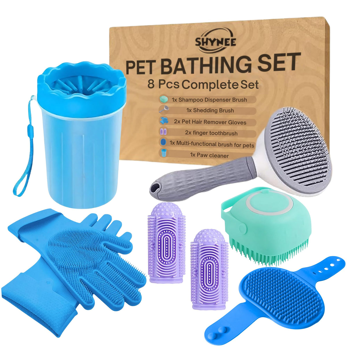 SHYNEE 8PCs dog grooming kit overview with all tools for bath time