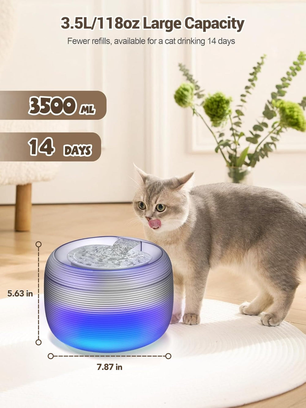 SIBAYS cat water fountain LED light clearly shows water level for timely refills.