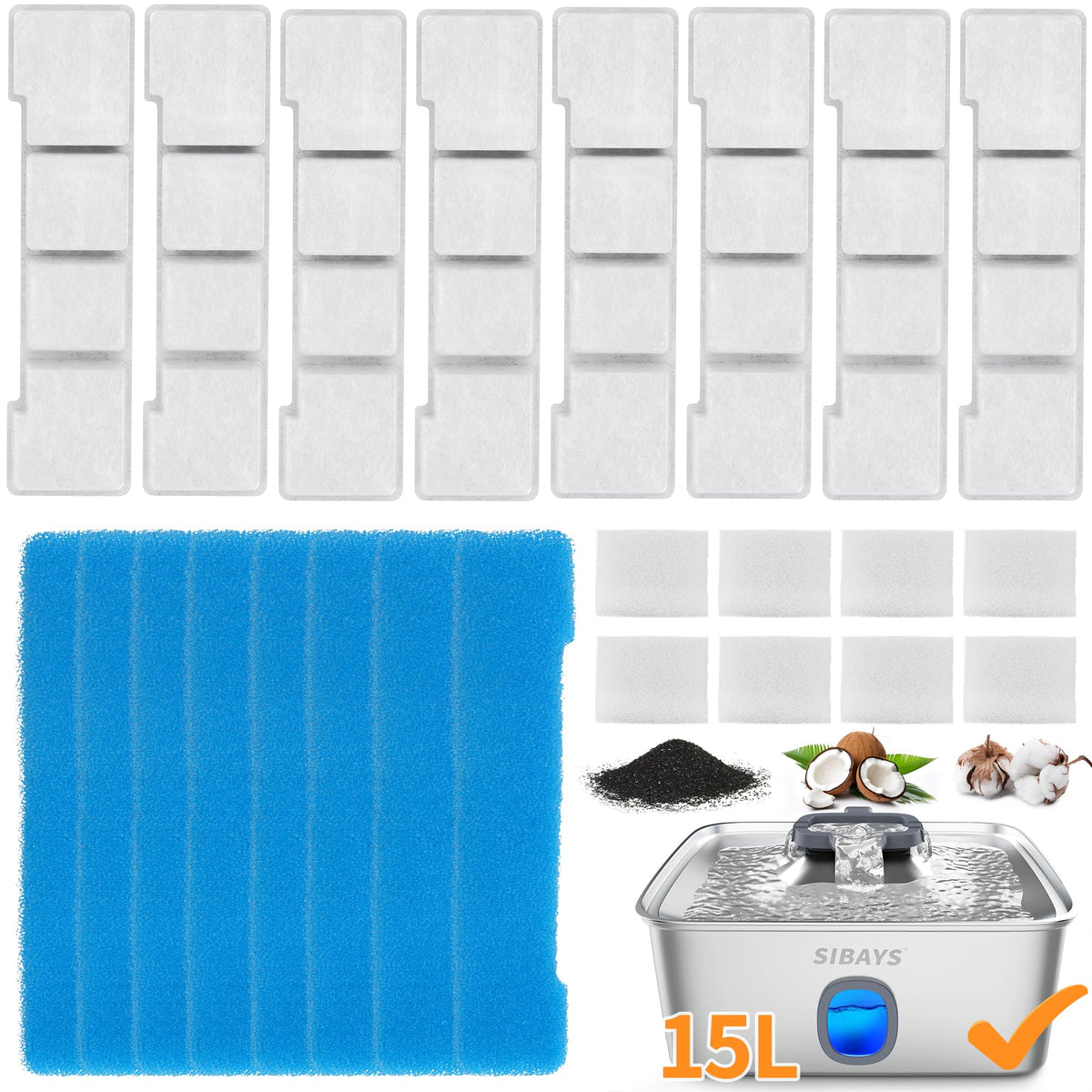 SIBAYS dog water fountain filter packaging shows a 24-piece replacement kit for maintenance.