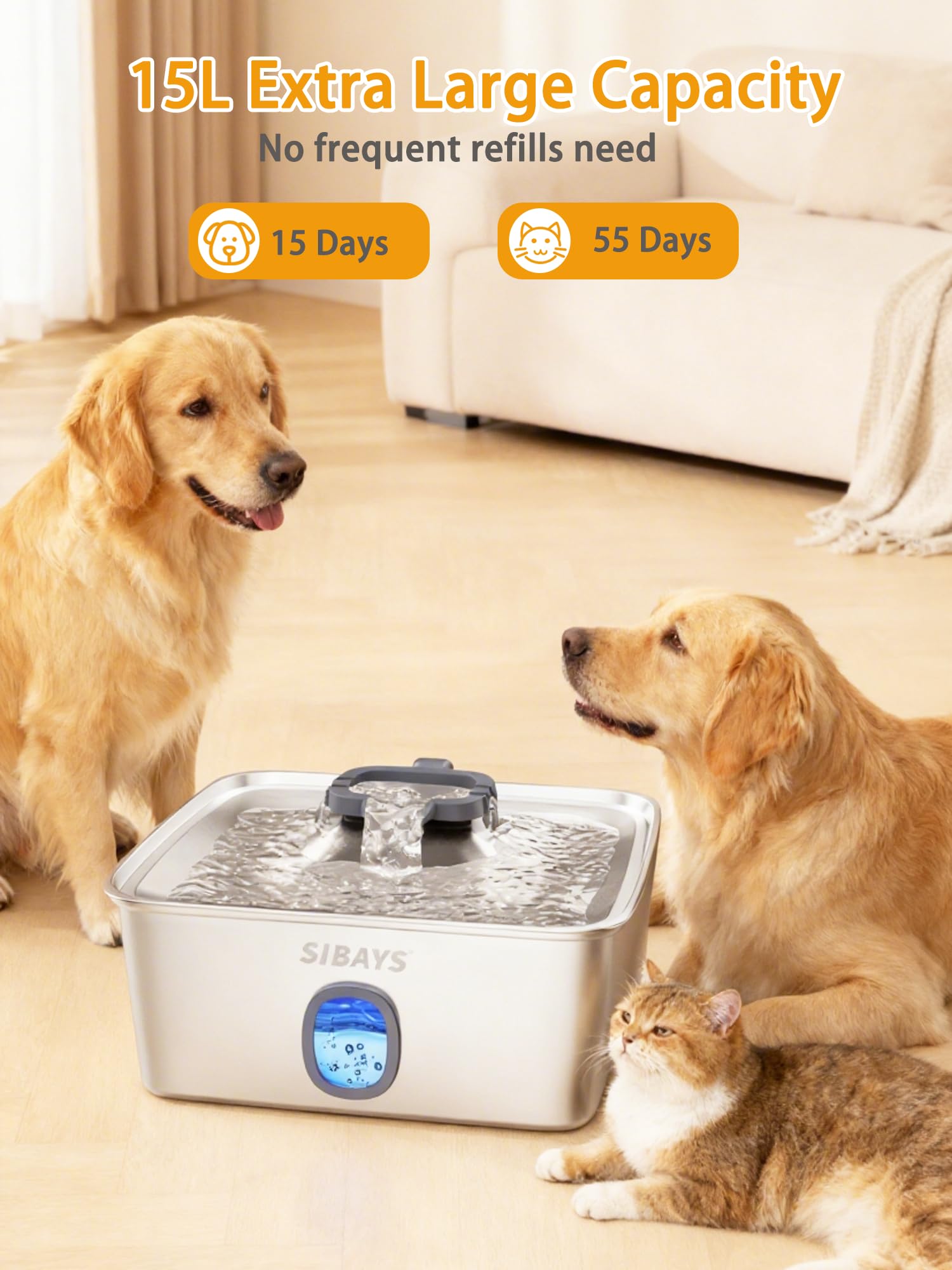 SIBAYS stainless steel dog water fountain demonstrates durable, safer water than plastic