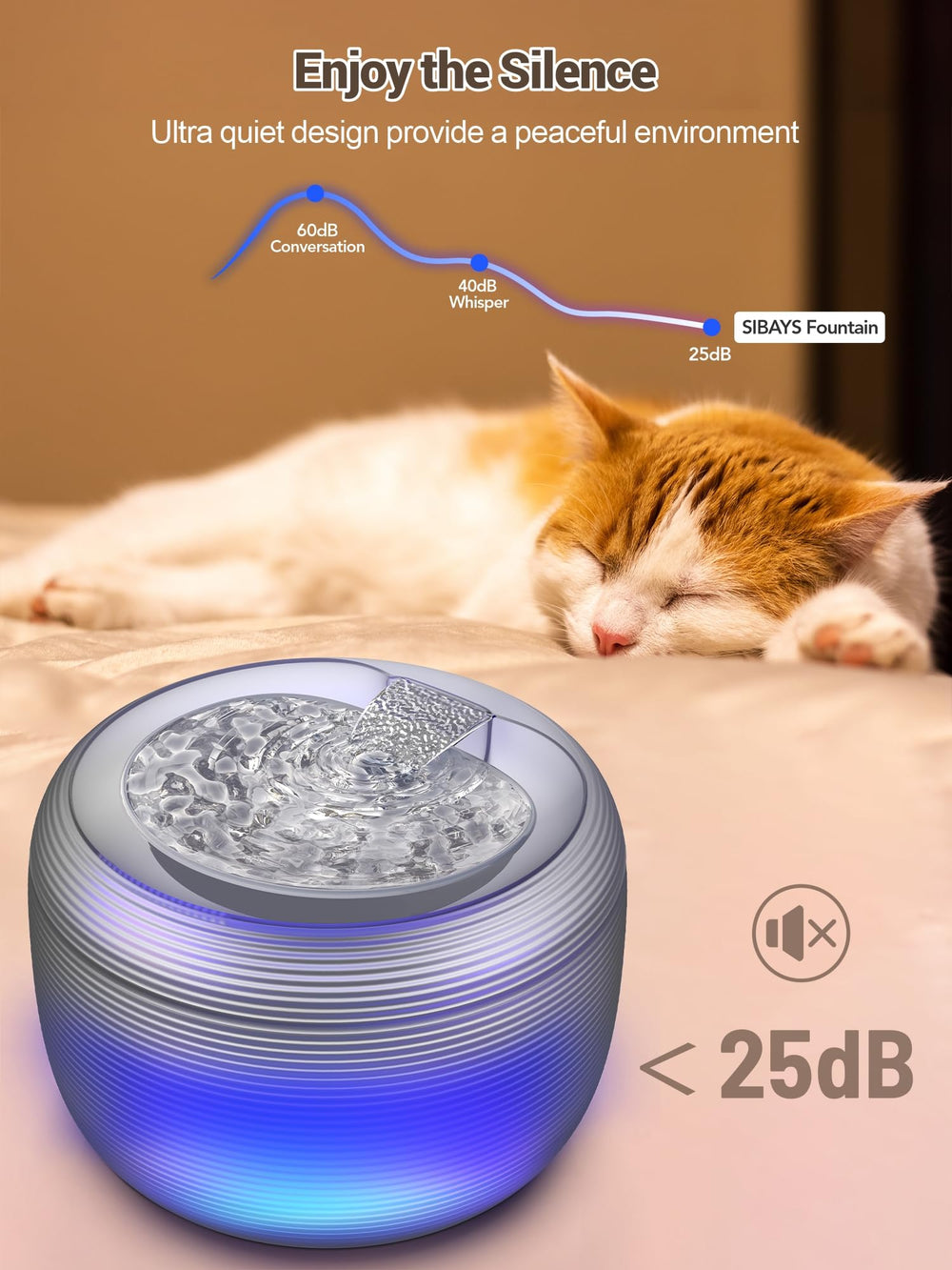 SIBAYS ultra-quiet pump operates below 25dB for peaceful nights.