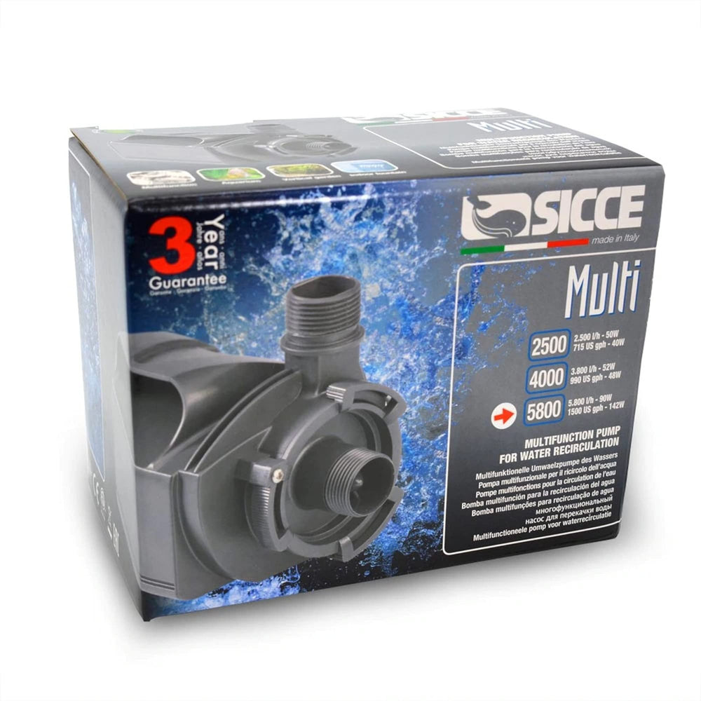 Sicce MULTI 5800 back view highlights dual-use capability for submerged or inline setups.