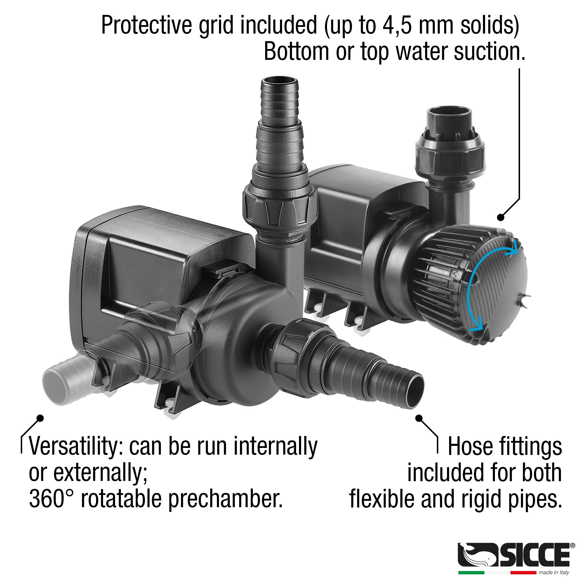 Sicce Syncra SDC self-cleaning impeller minimizes maintenance tasks.