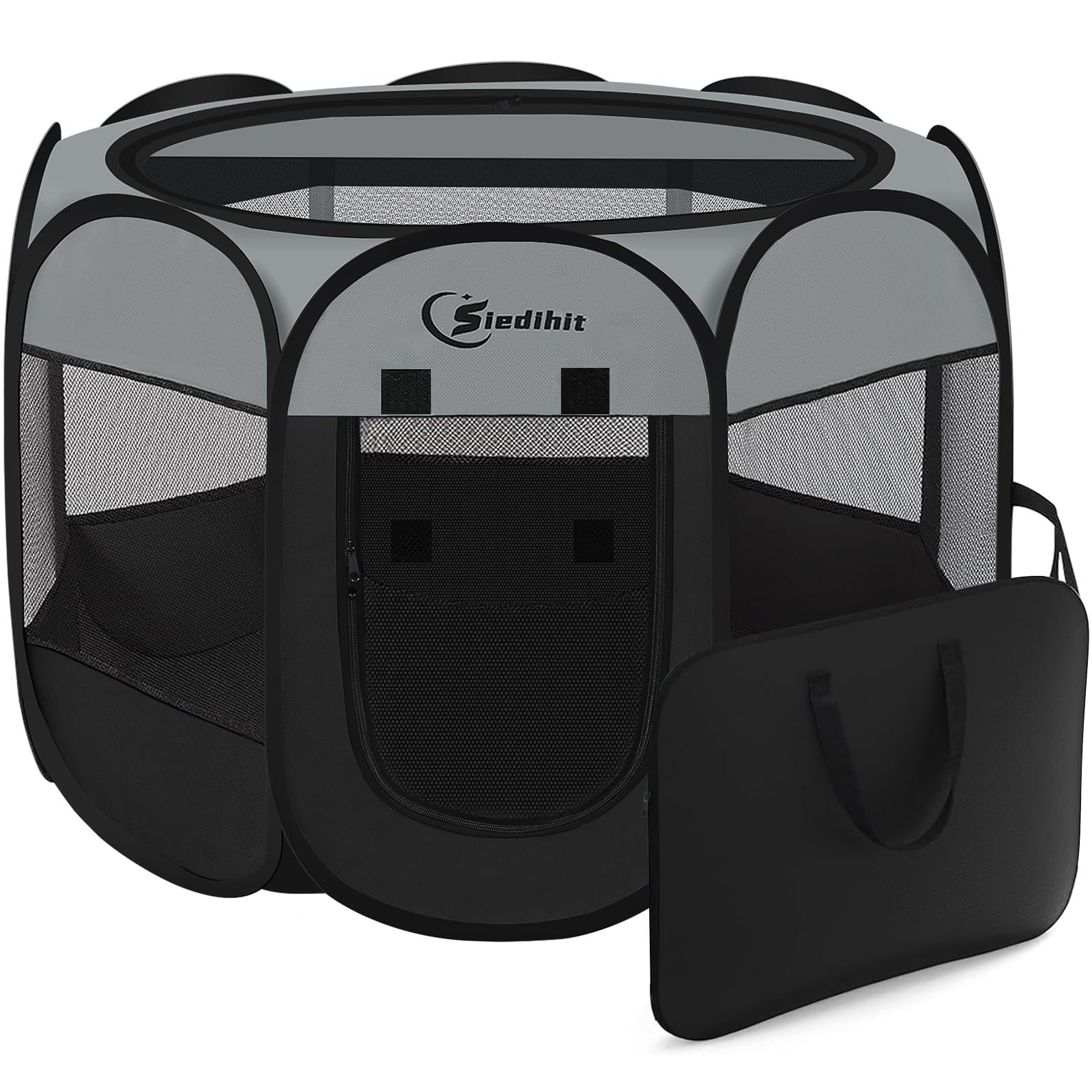 Siedihit dark grey playpen folded in tote bag for easy transport