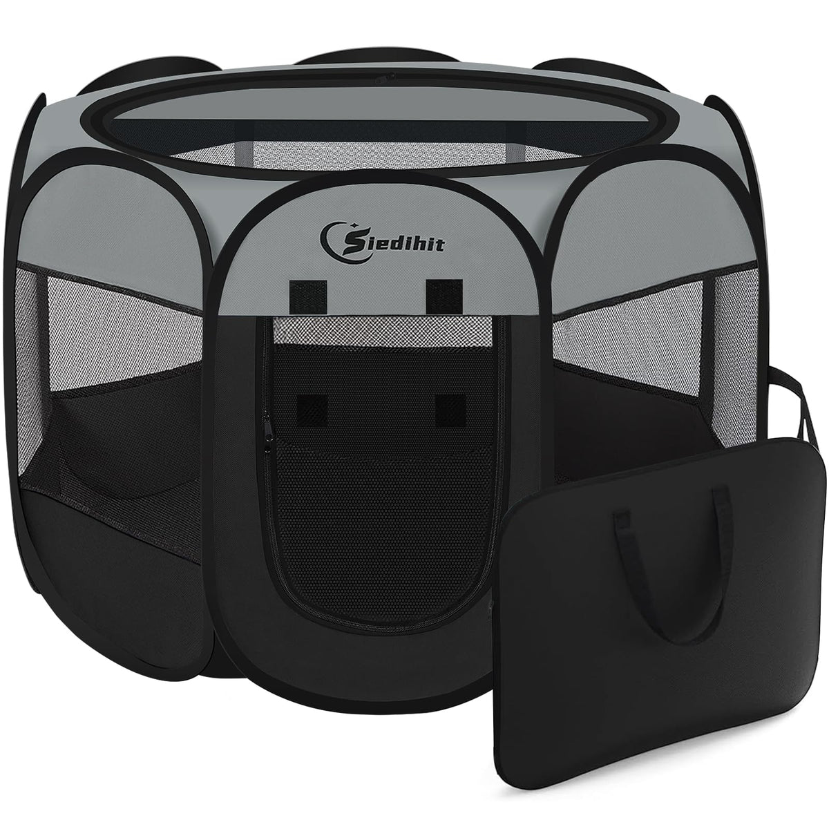 Siedihit dark grey playpen folded in tote bag for easy transport