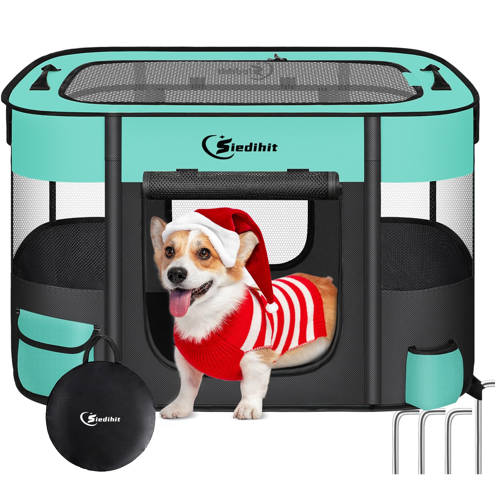 Siedihit dog cat playpen in green for outdoor travel and safe containment.