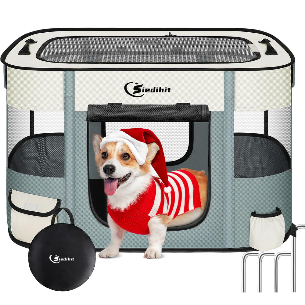 Siedihit dog playpen assembly step demonstrates quick setup for home or travel use.
