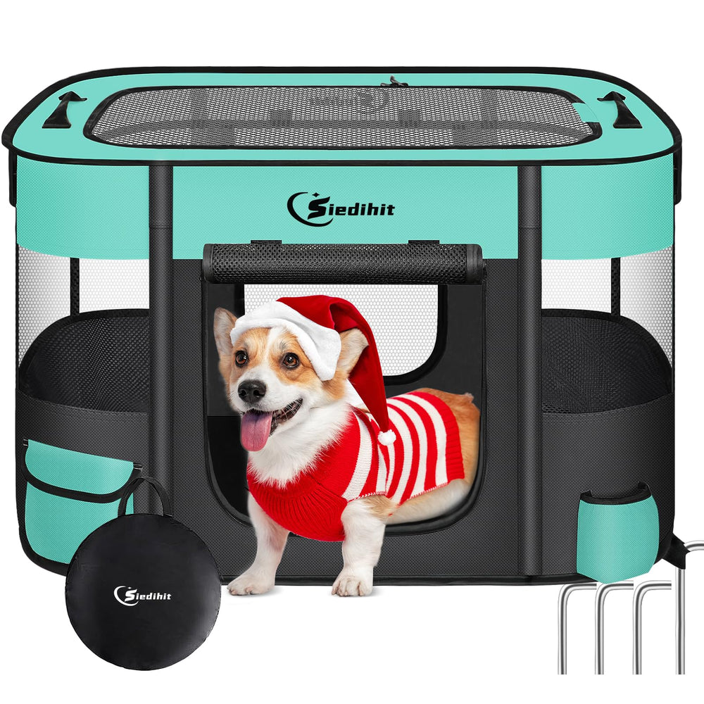 Siedihit dog playpen folded for compact storage and portability.