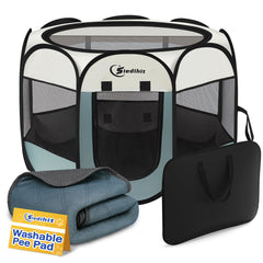 Siedihit dog playpen folded into a compact tote bag for travel and storage