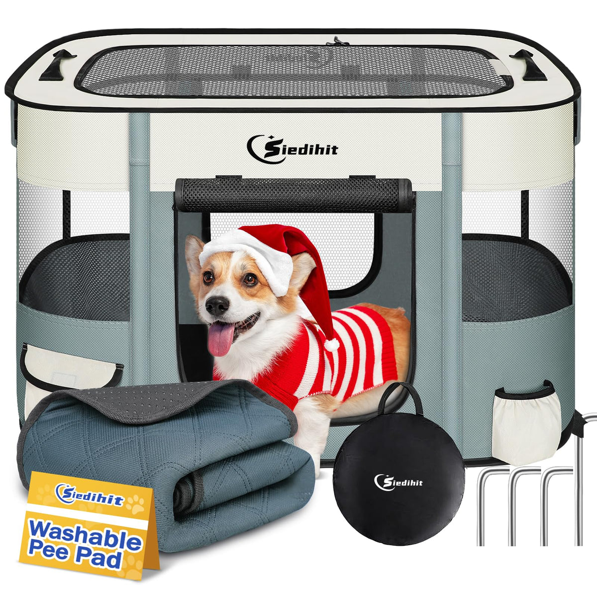 Siedihit dog playpen grey with pad for cozy indoor confinement of small pets.