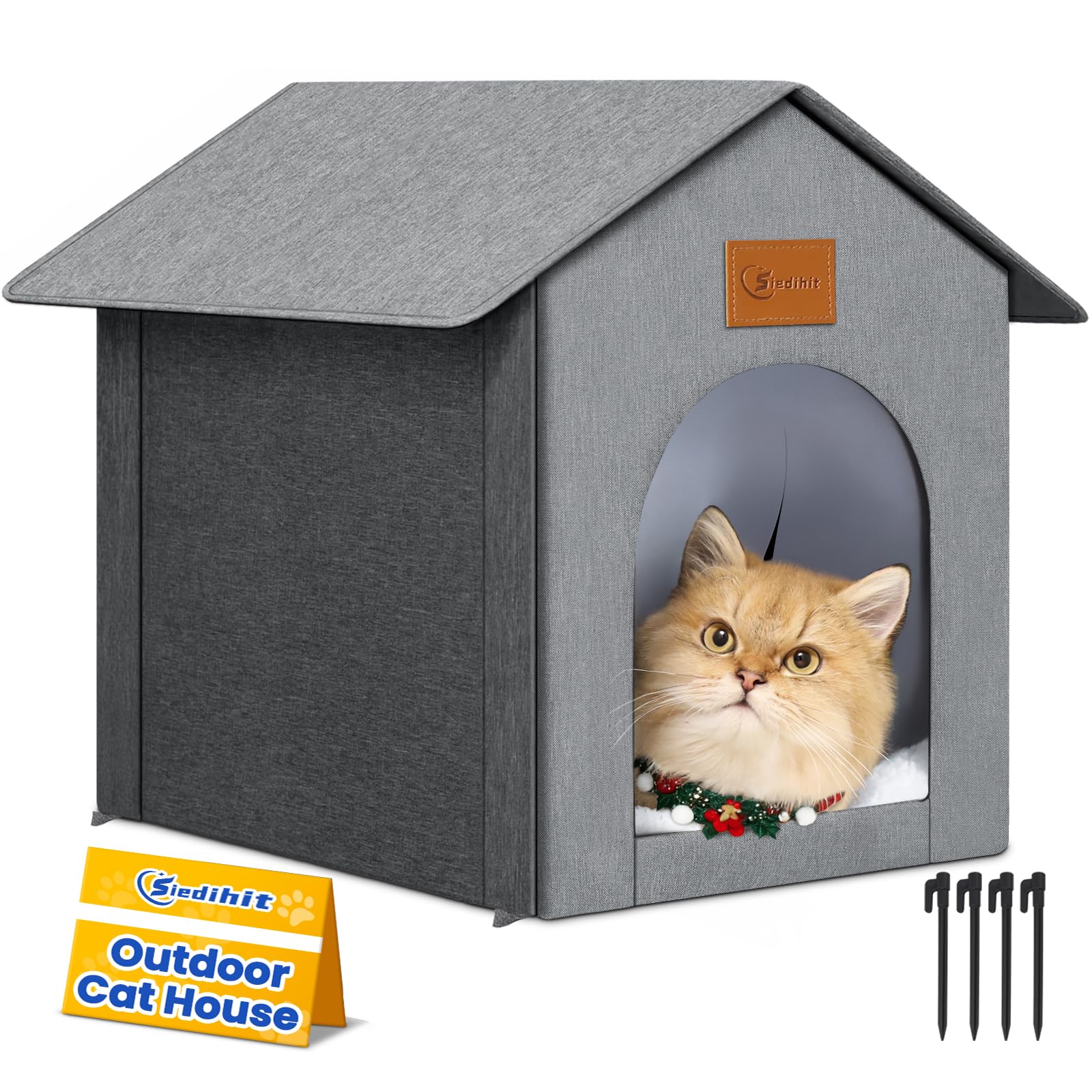 Siedihit outdoor cat house front view shows weather resistant Oxford shell for year round shelter