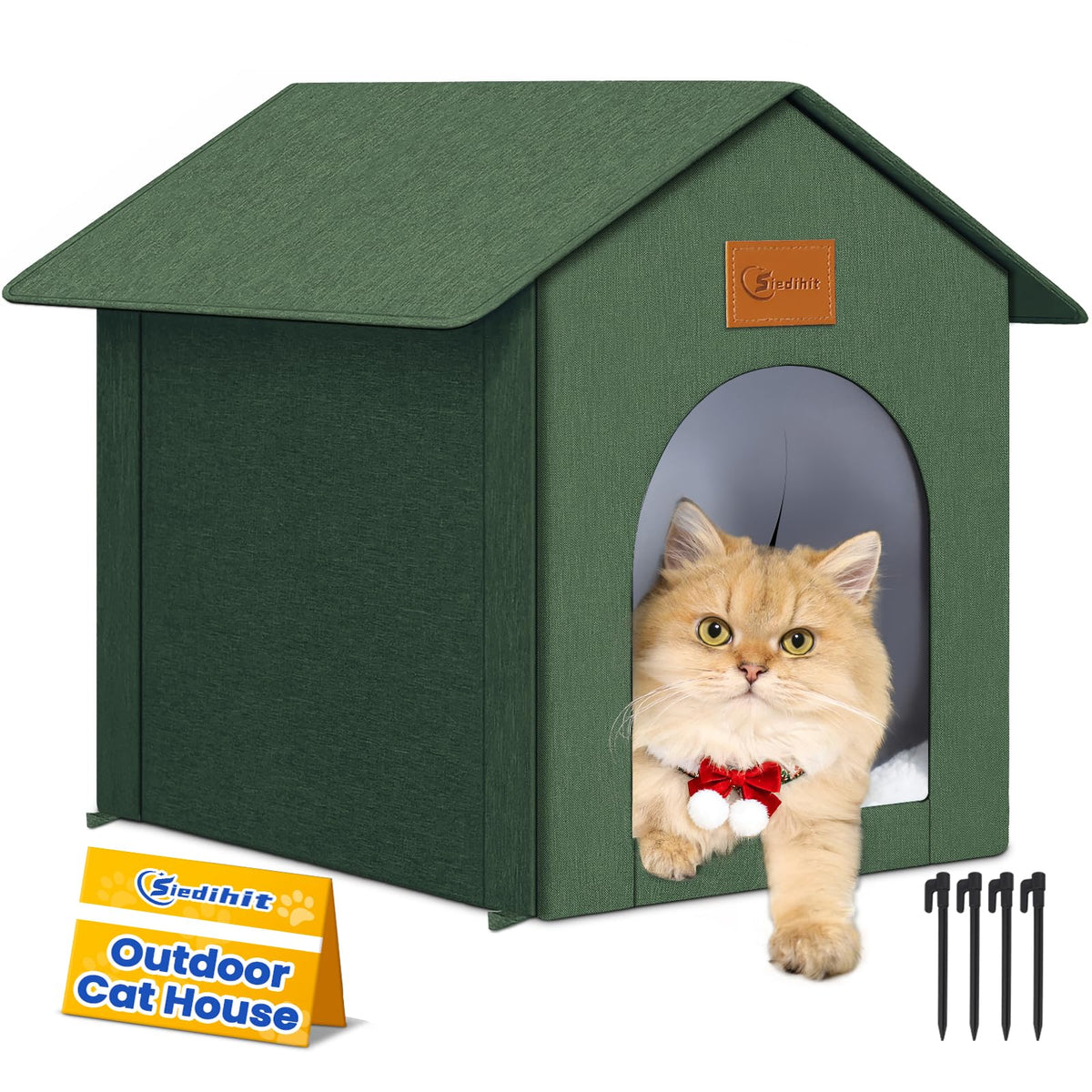 Siedihit outdoor cat house with Oxford exterior provides durable, weather-ready shelter