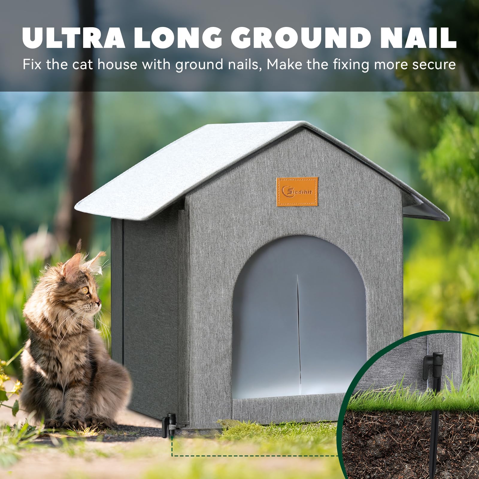 Siedihit outdoor cat house side view highlighting secure weatherproof design with floor spikes