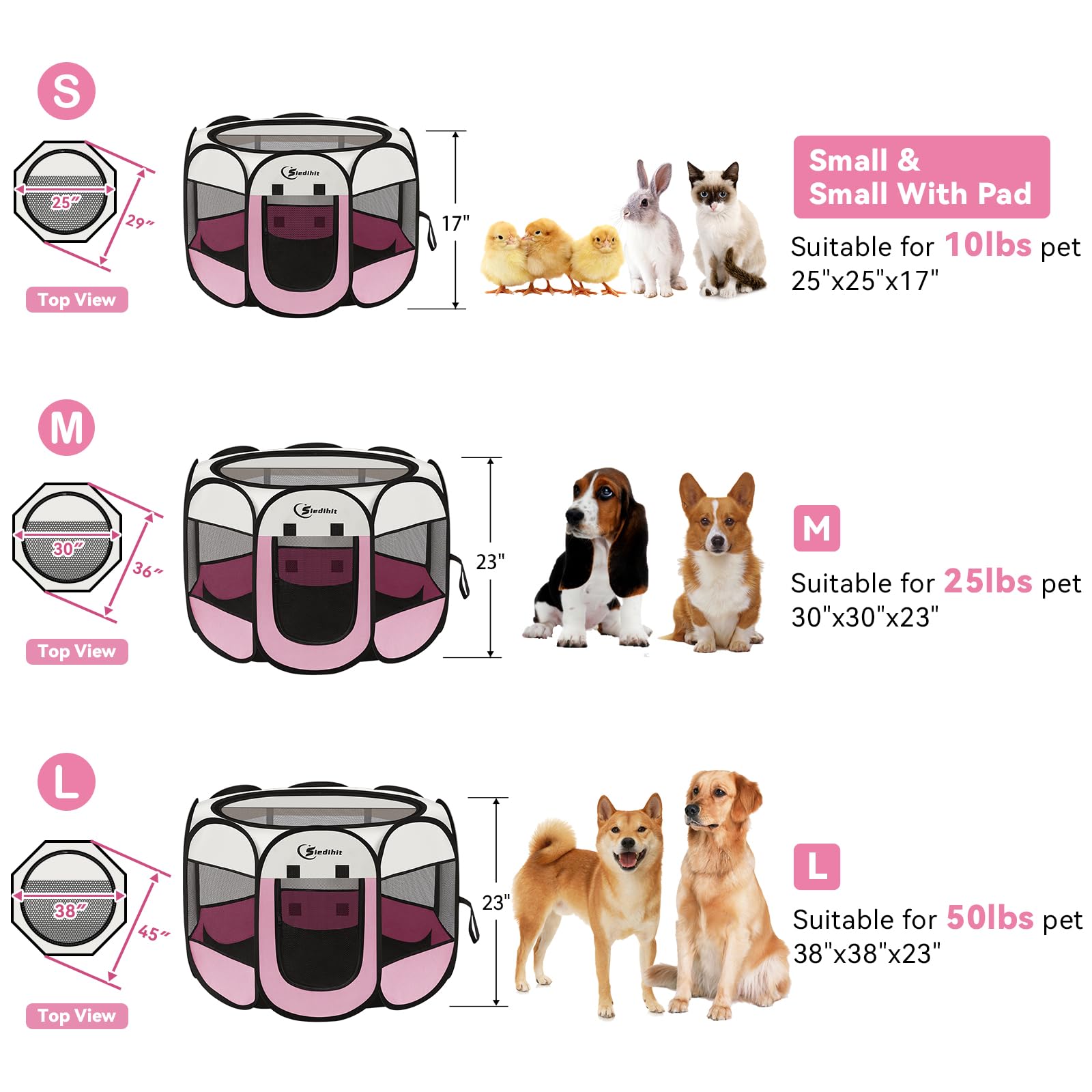 Siedihit pink playpen spacious interior supports dogs, cats, and rabbits