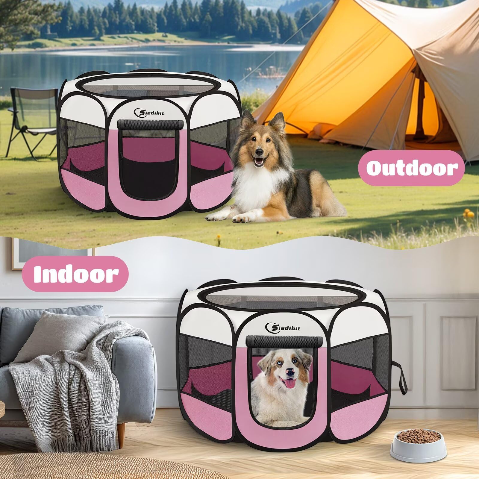 Siedihit pink pop-up dog kennel folding for quick setup and transport.