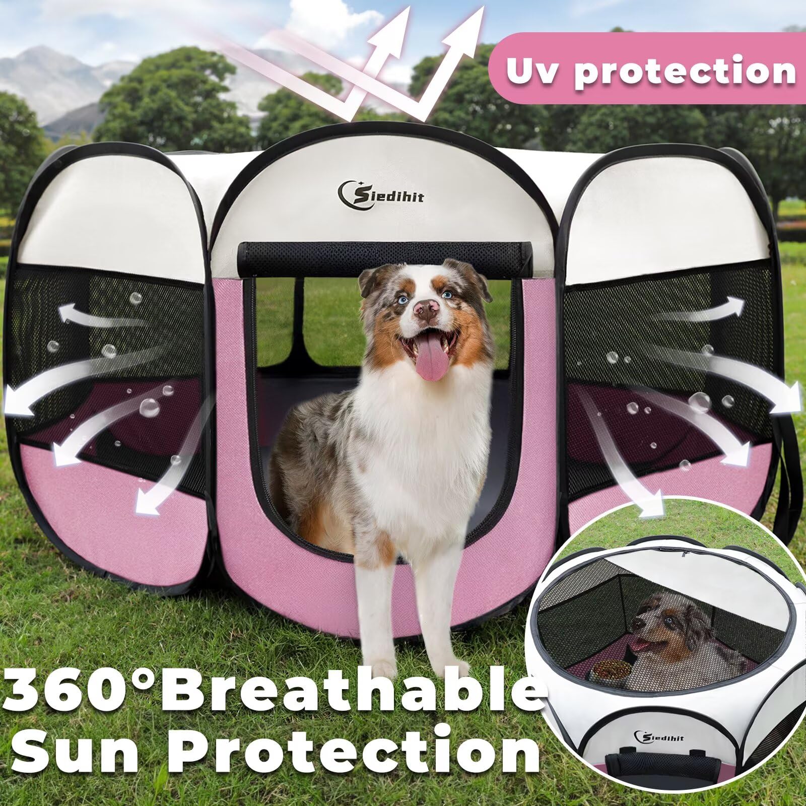 Siedihit pink portable kennel carrying bag enables compact storage on trips.