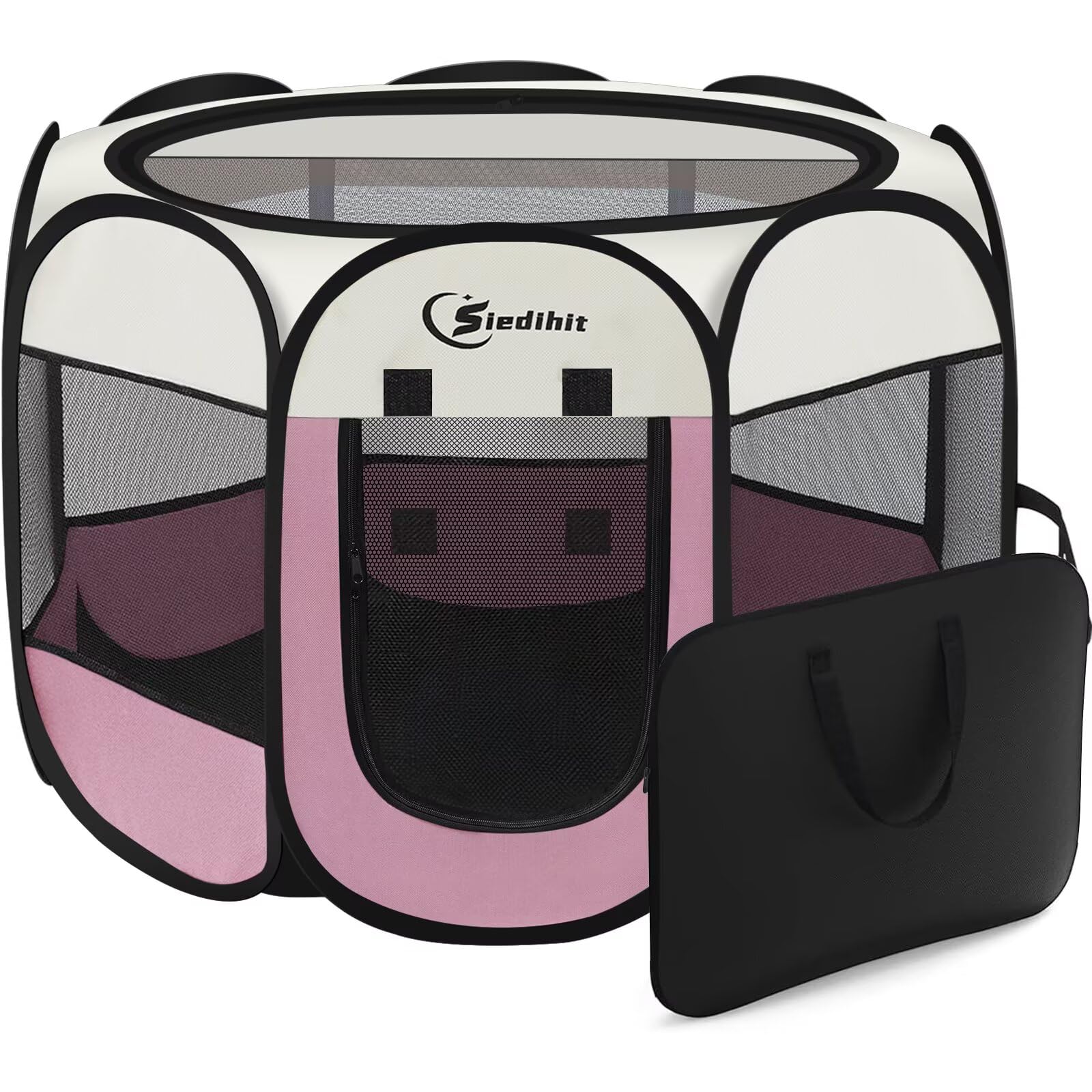 Siedihit pink puppy playpen side panels offer clear visibility and ventilation.