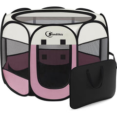 Siedihit pink puppy playpen side panels offer clear visibility and ventilation.