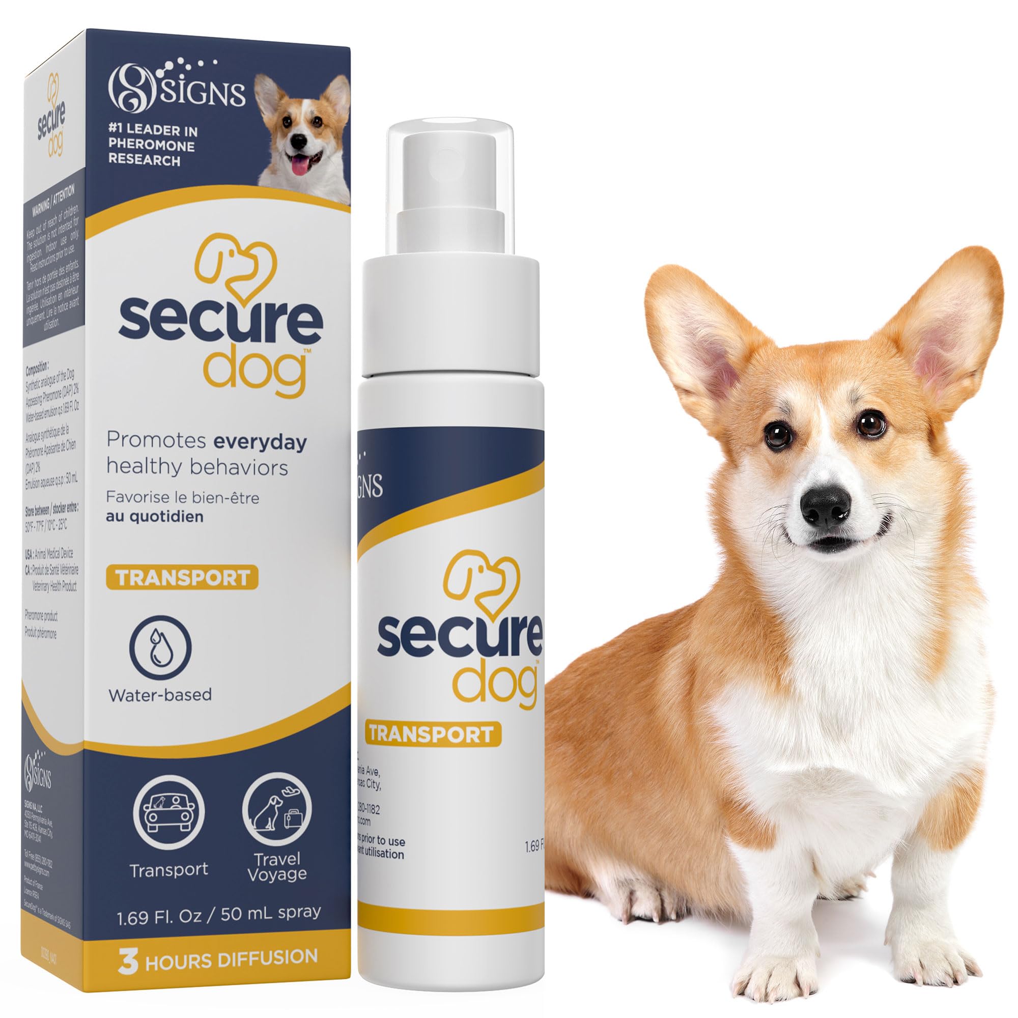 SIGNS SecureDog Transport bottle demonstrating calming mist for travel comfort.
