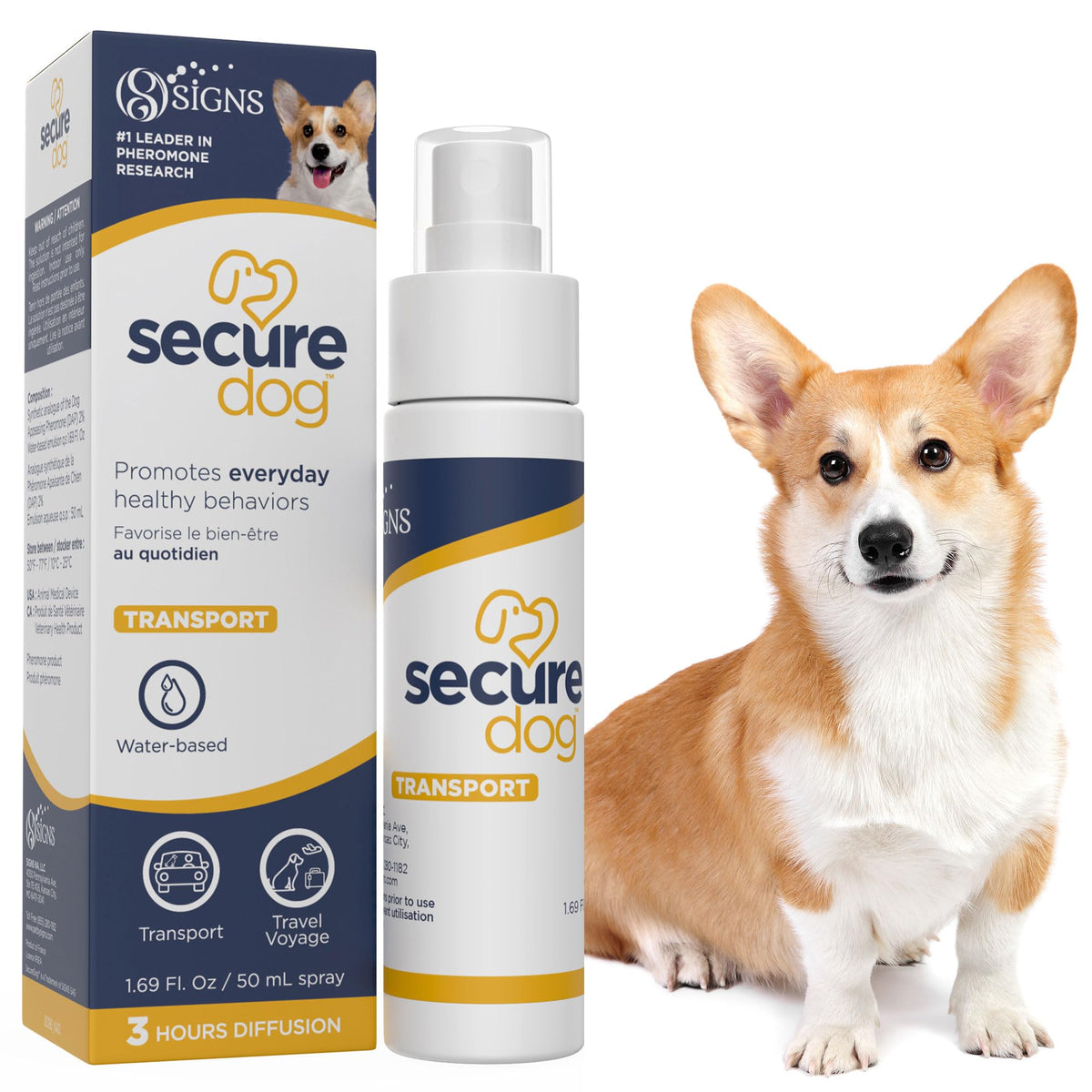 SIGNS SecureDog Transport bottle demonstrating calming mist for travel comfort.