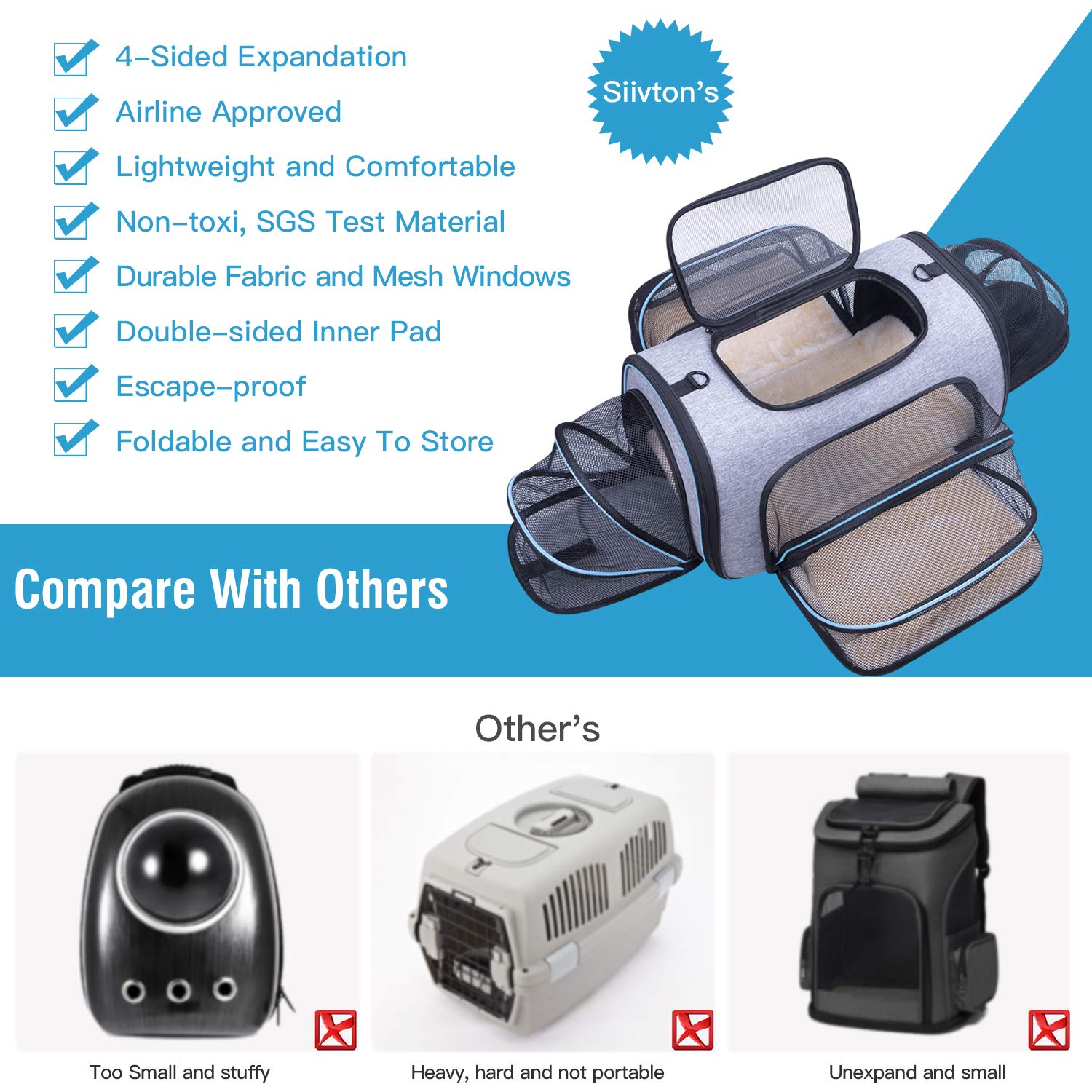 Siivton pet carrier adjustable shoulder strap for hands-free carrying