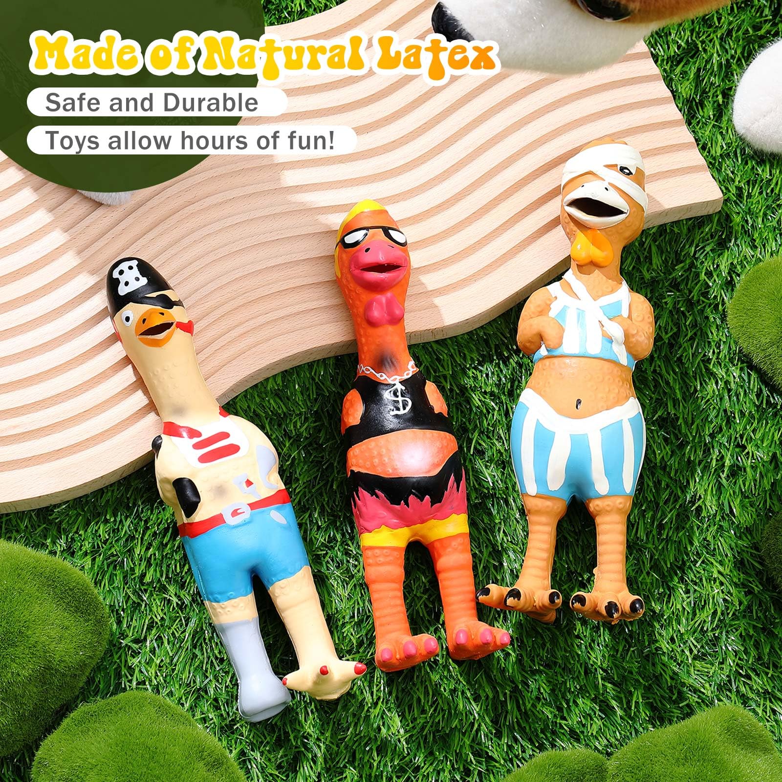 Silipull rubber chicken squeaky toy outdoor shot bright colors for easy visibility.