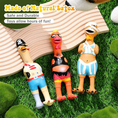 Silipull rubber chicken squeaky toy outdoor shot bright colors for easy visibility.