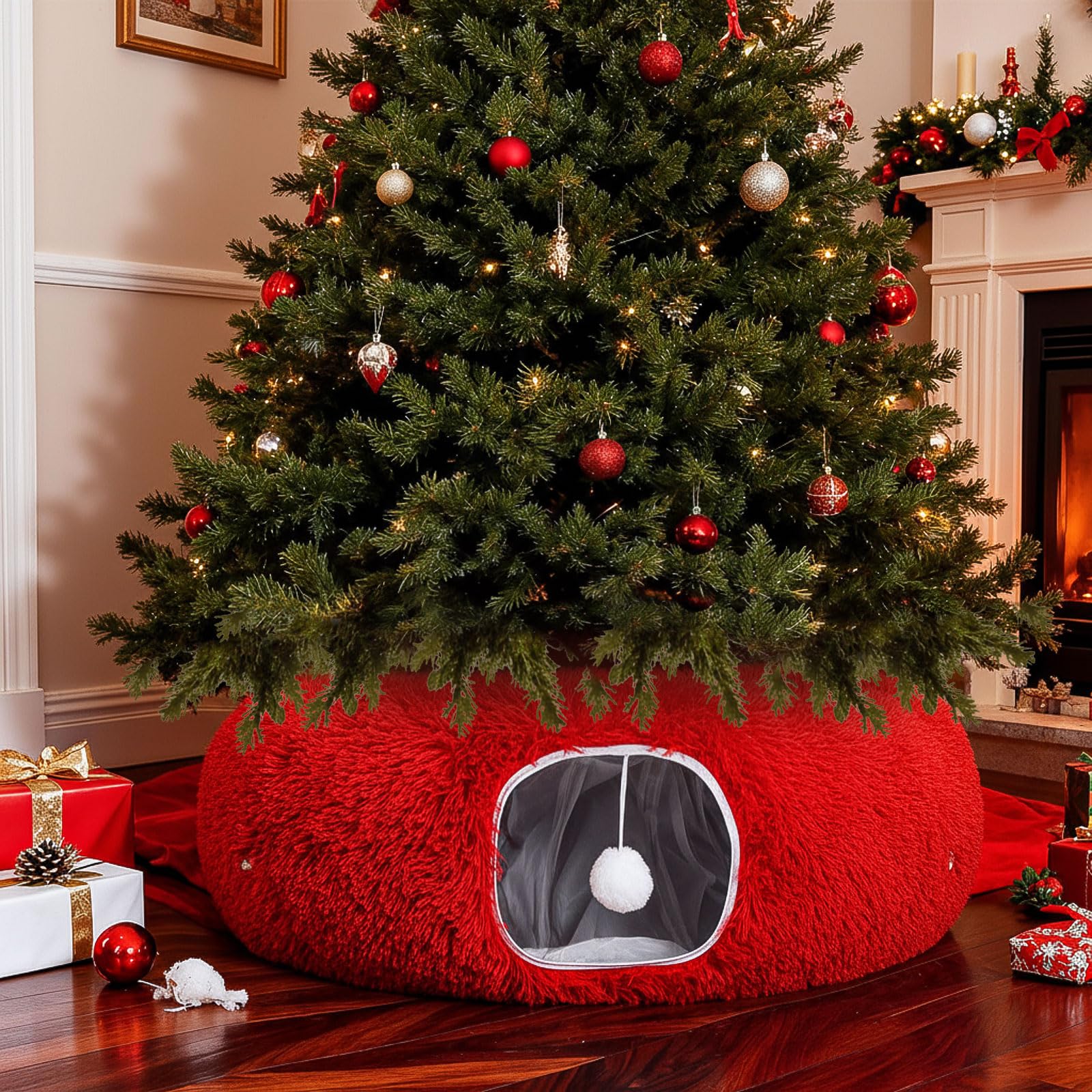 SilTriangle cat tunnel Christmas tree skirt red 36-inch circle for cozy play.