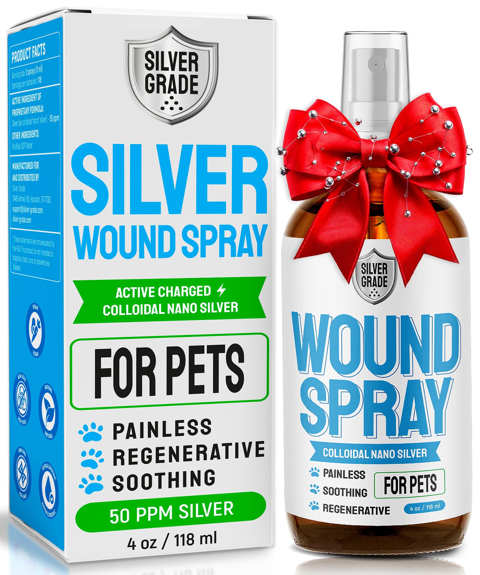 SILVER GRADE Wound Spray bottle for pets, easy spray for hot spots relief.