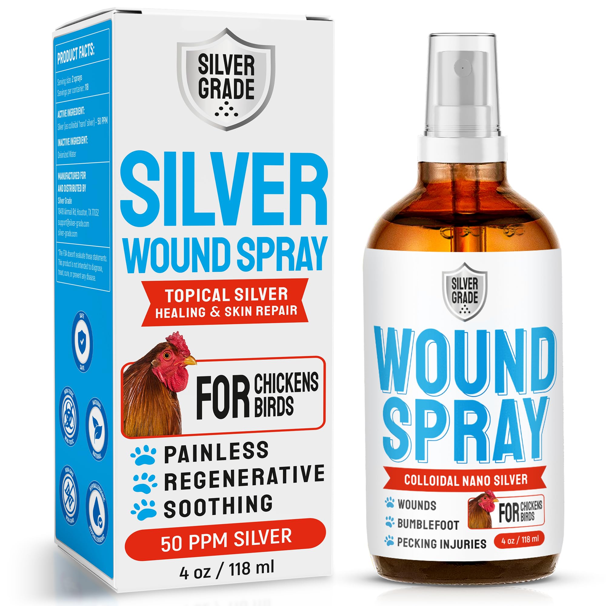 SILVER GRADE Wound Spray bottle for chickens, quick at-coop wound care.