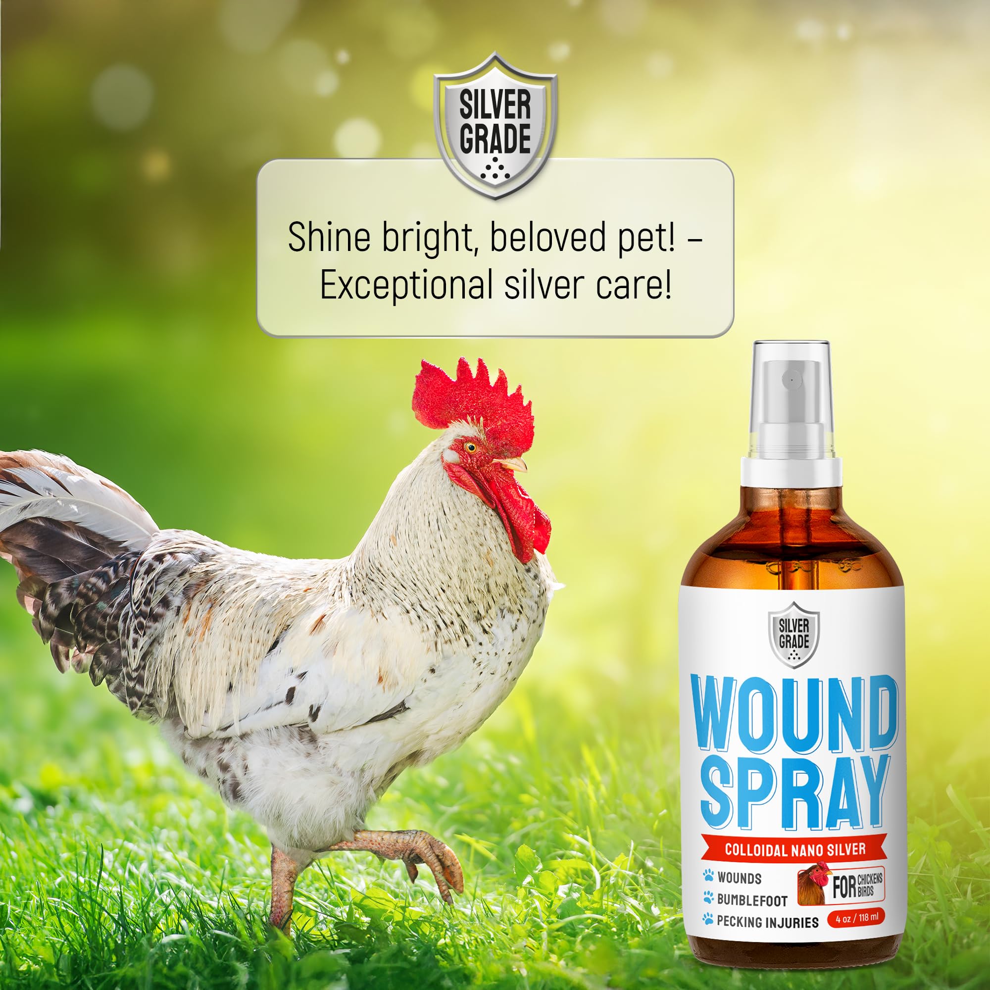 SILVER GRADE Wound Spray ready for farm first-aid kits.