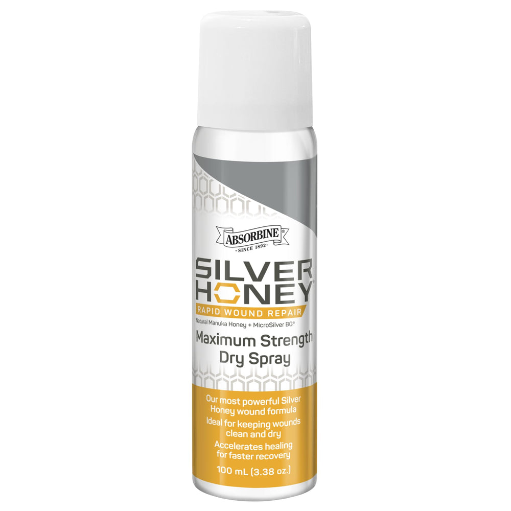 Silver Honey Rapid Wound Repair Dry Spray bottle with precise, mess-free coverage for large wounds