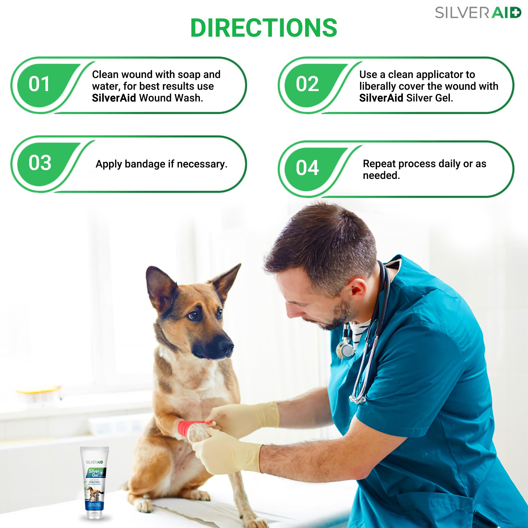 SilverAid gel on a cat wound demonstrating gentle, non-irritating care.