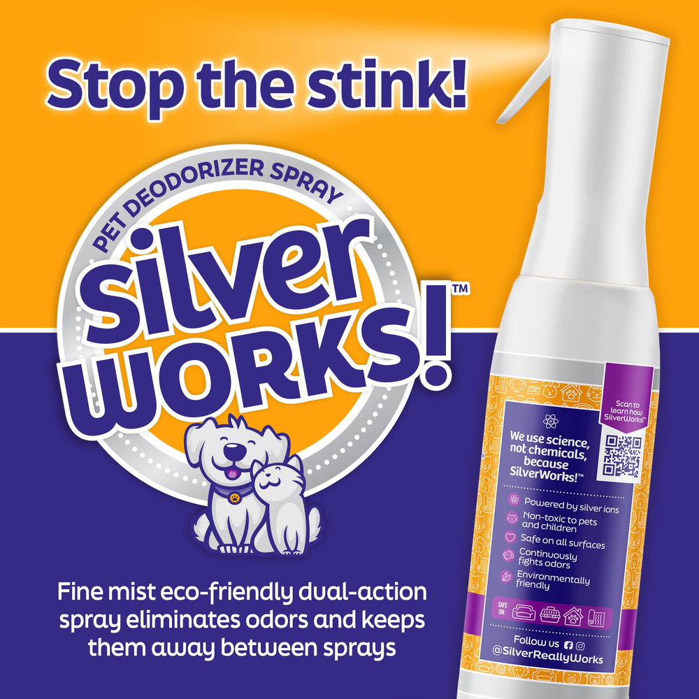 SilverWorks! bottle beside litter box area shows versatile odor eliminator
