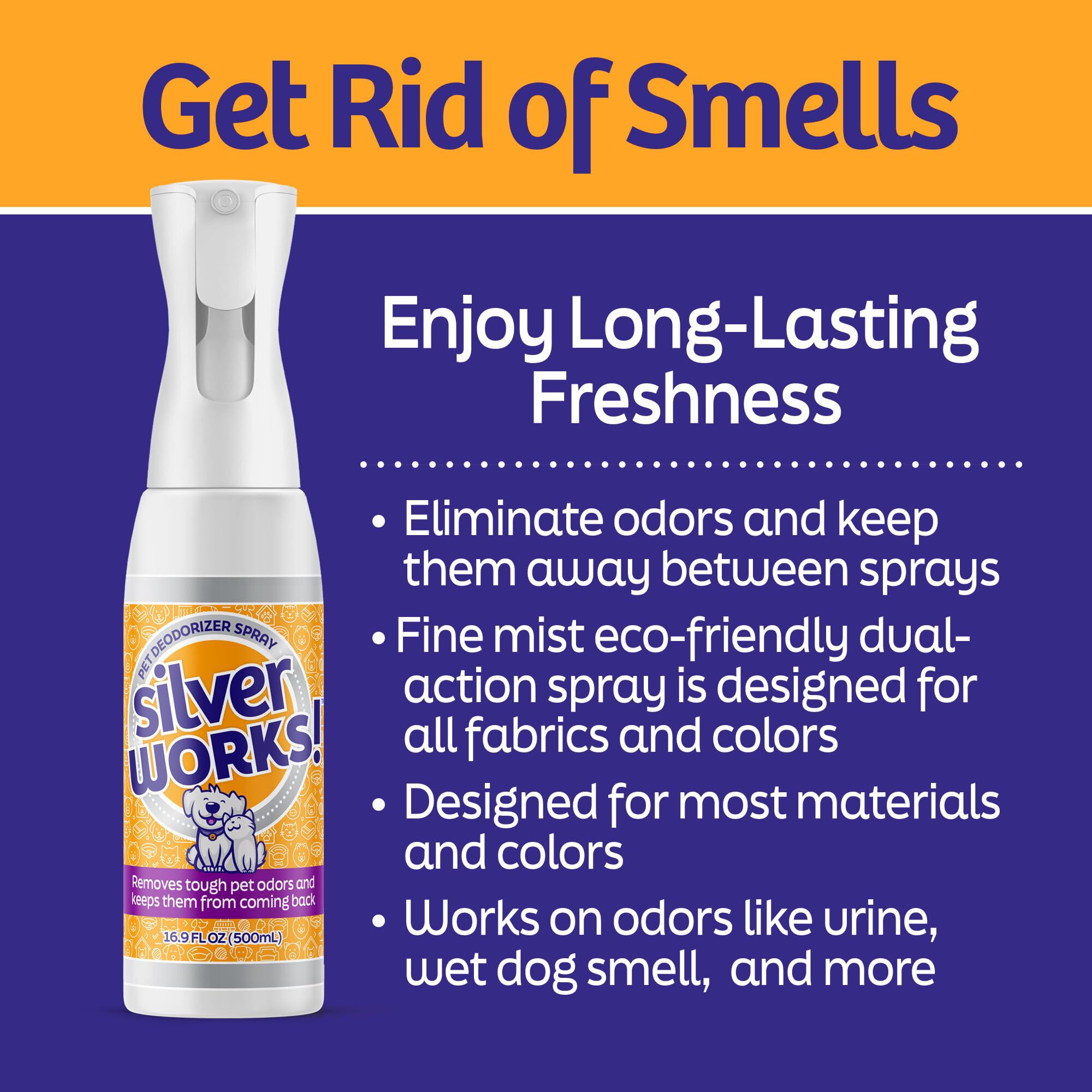 SilverWorks! spray mist dispensing to neutralize pet odors on fabrics