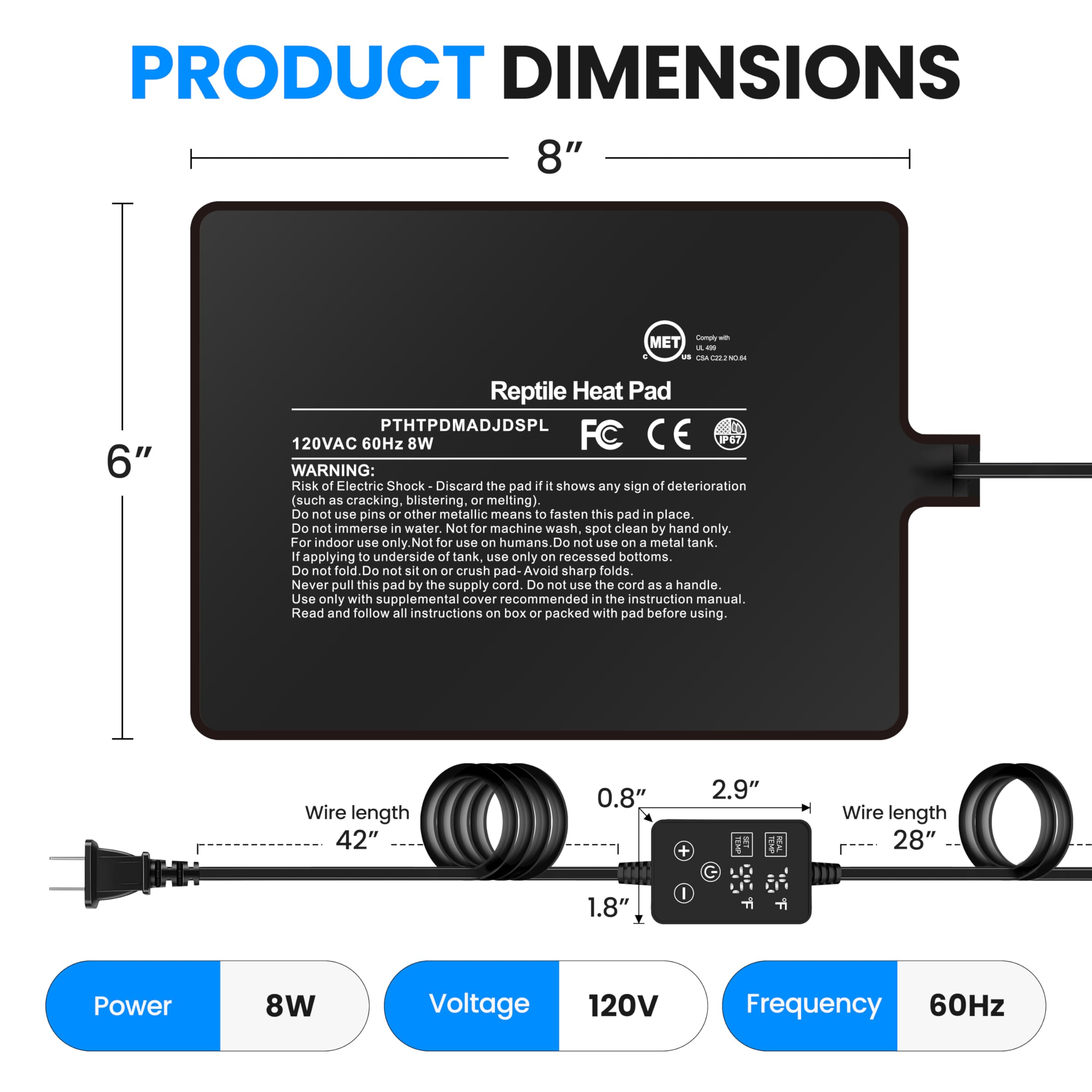 Simple Deluxe adjustable thermostat controls the heat precisely for different reptile needs.