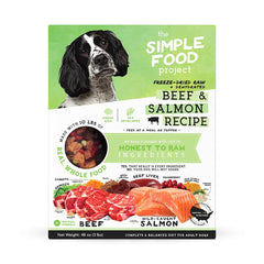 Simple Food Project beef & salmon bag closeup highlights convenient freeze-dried dog nutrition.